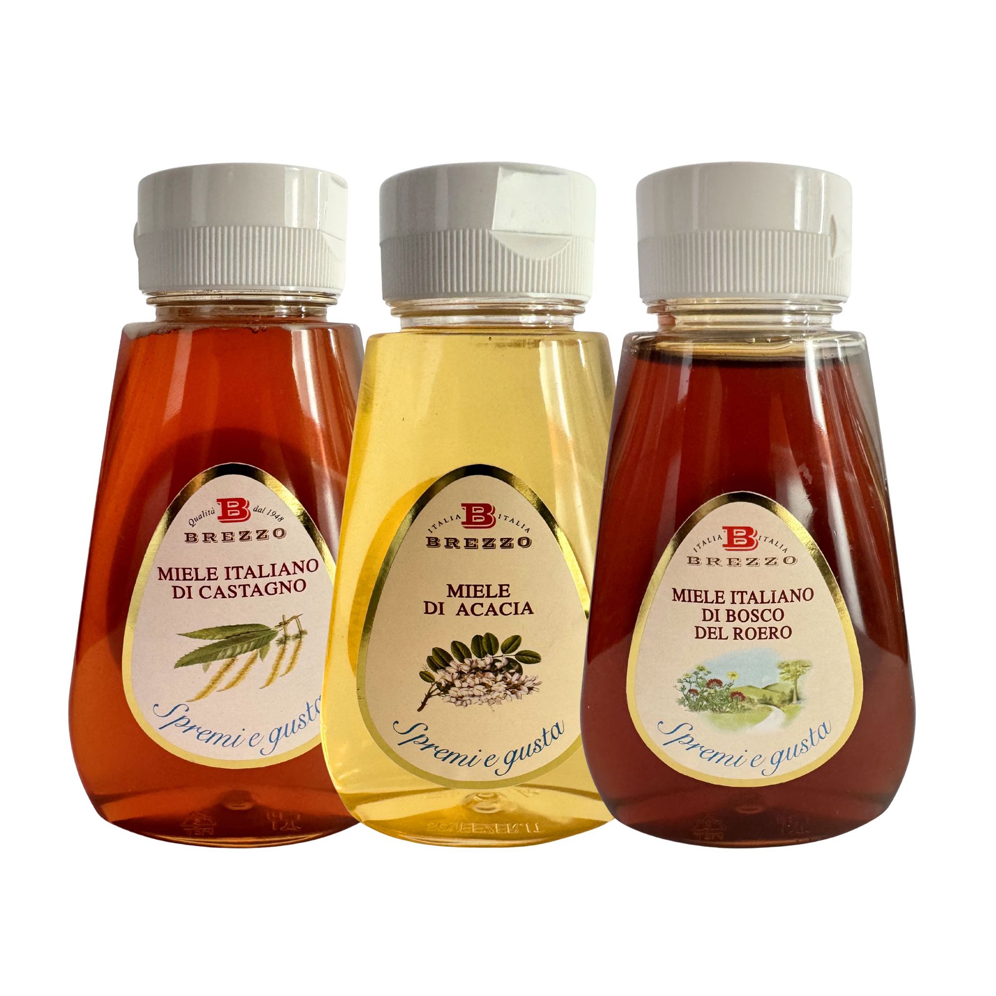 BREZZO Honig Squeezer Set 3 versch. Sorten aus Italien Inhalt 3x 350g