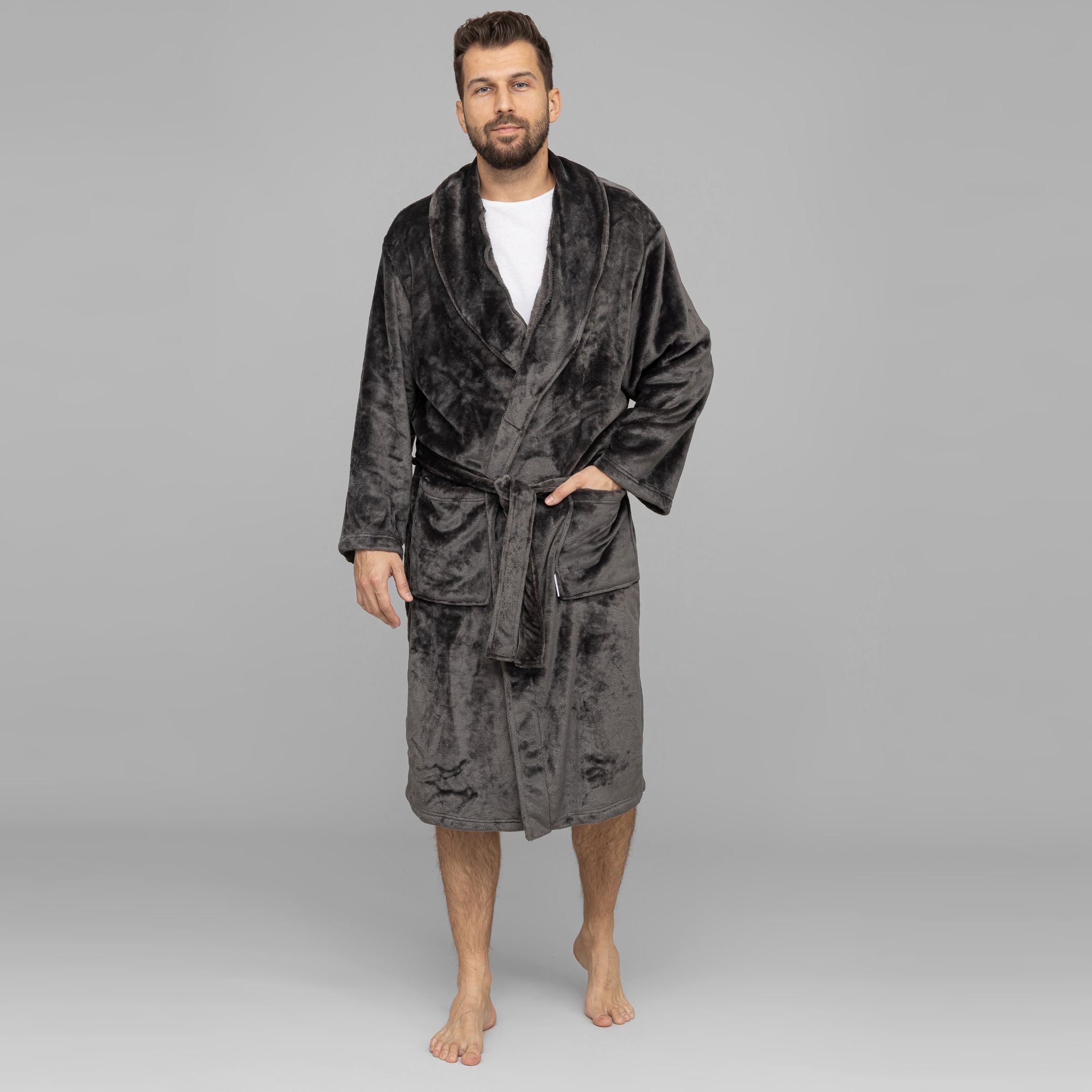 B-Ware MONT CHALET Herren- Wellnessmantel uni Mikrofaser Chinchilla