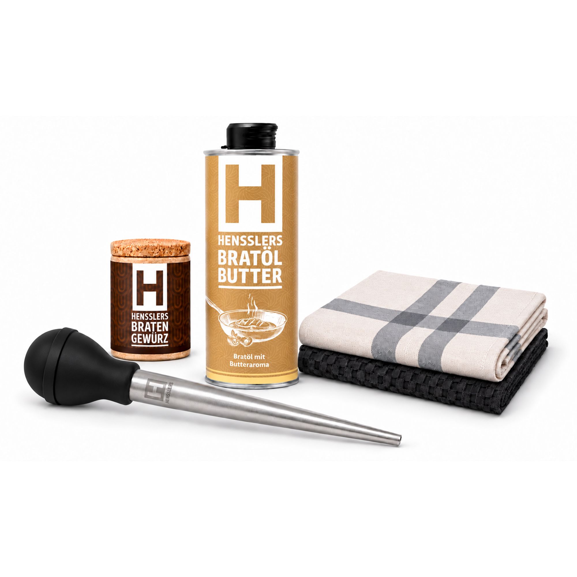 HENSSLERS Braten-Set: 2 Geschirrtücher, Bratöl, Bratengewürz & Bratenspritze