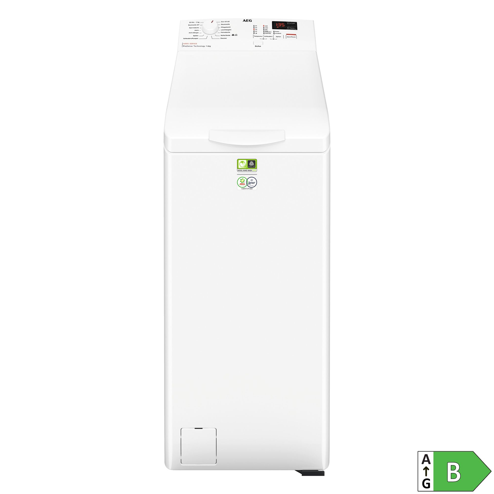 AEG Toplader 6kg, EEK B Mengenautomatik SoftOpening-System, Energieeffizienzklasse B