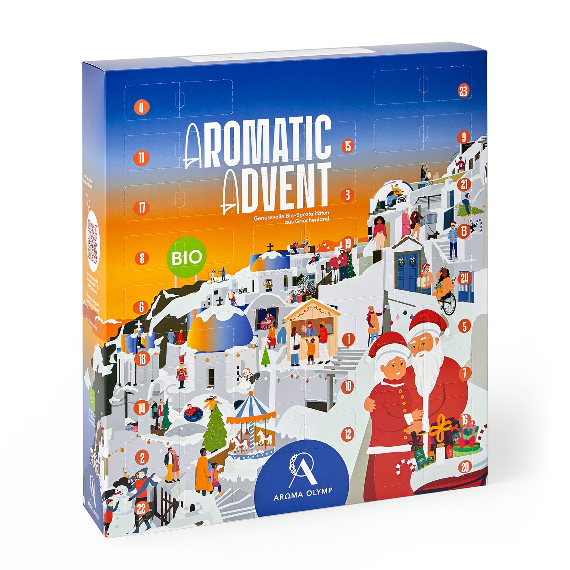 AROMA OLYMP Adventskalender mit genussvoller Bio Feinkost Inhalt 840ml und 165g