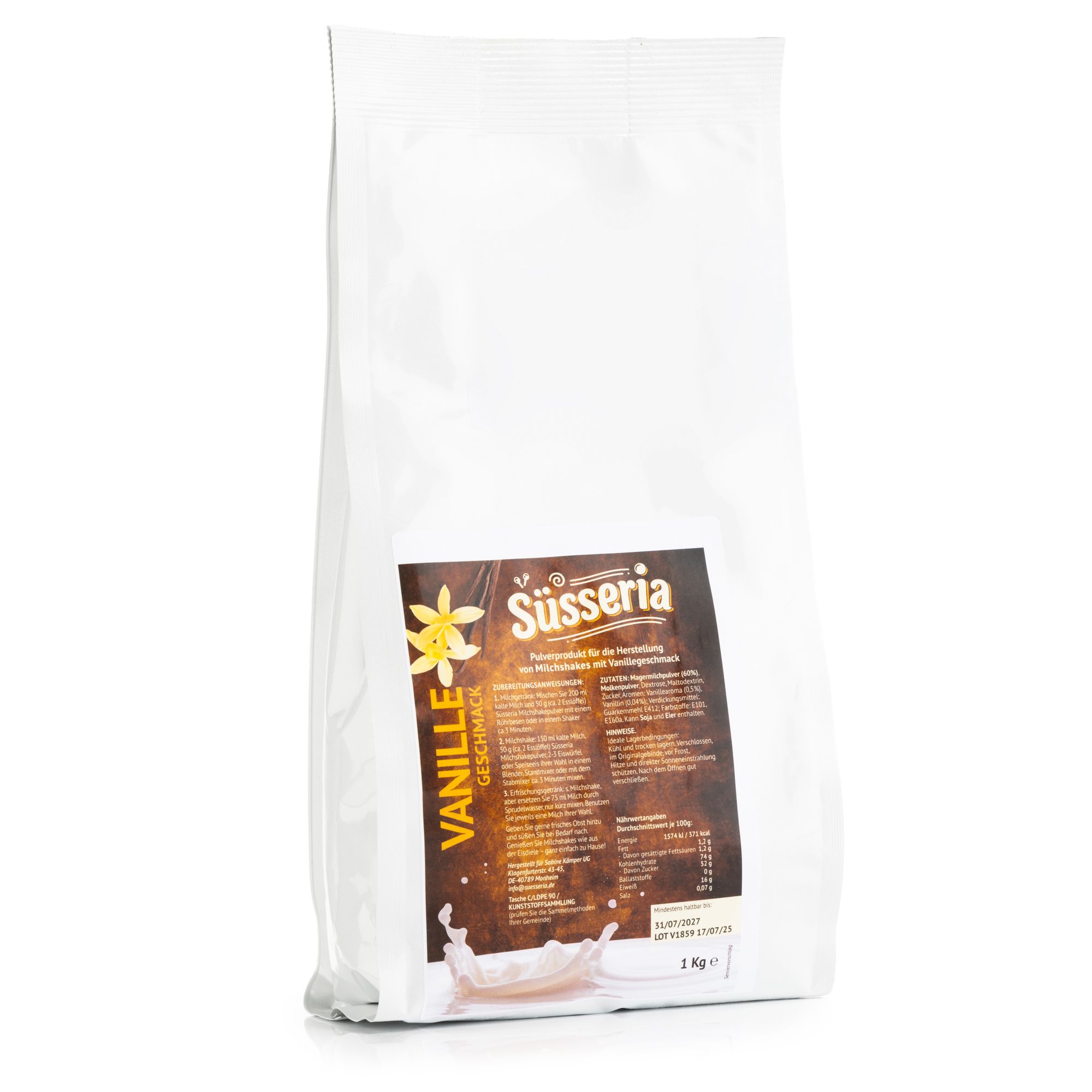 SÜSSERIA Milchshakepulver für Milchshakes wie aus der Eisdiele Inhalt 1.000g