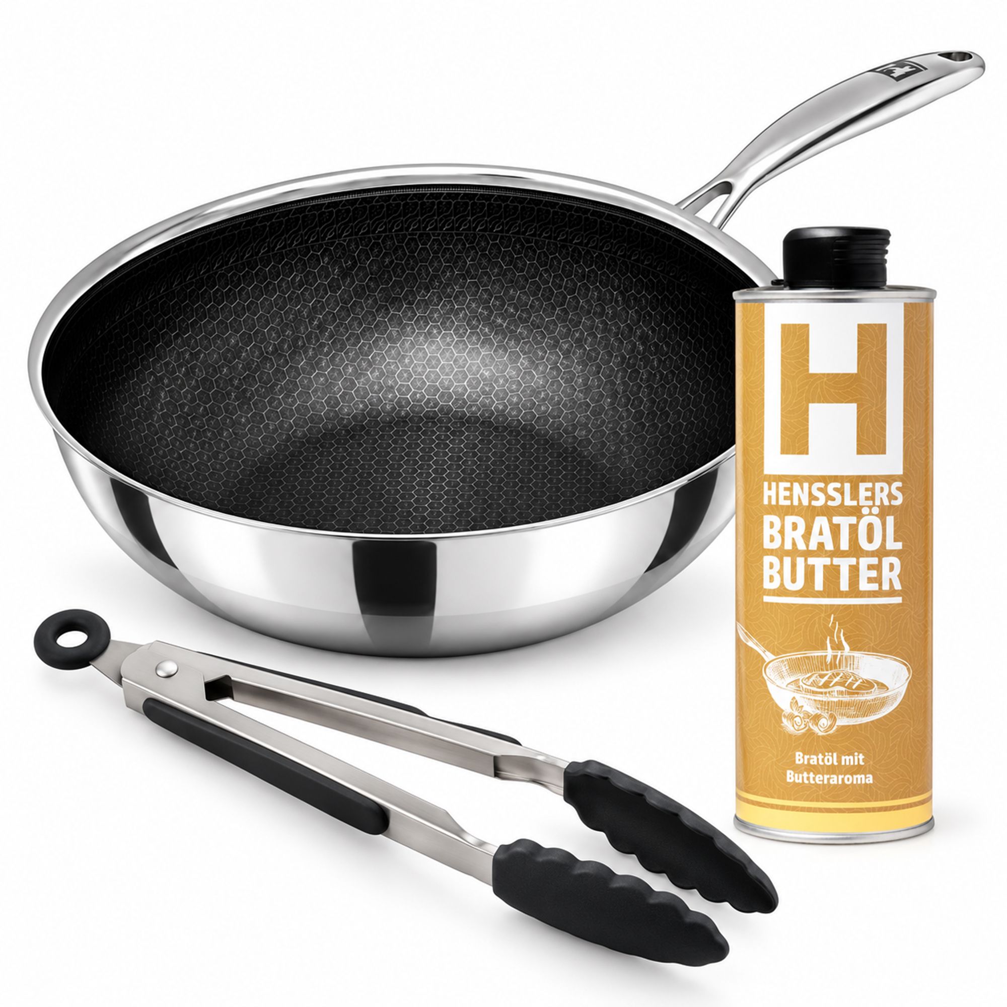 HENSSLERS Wok-Set Ø28cm inkl. Grillzange und Bratöl 500 ml
