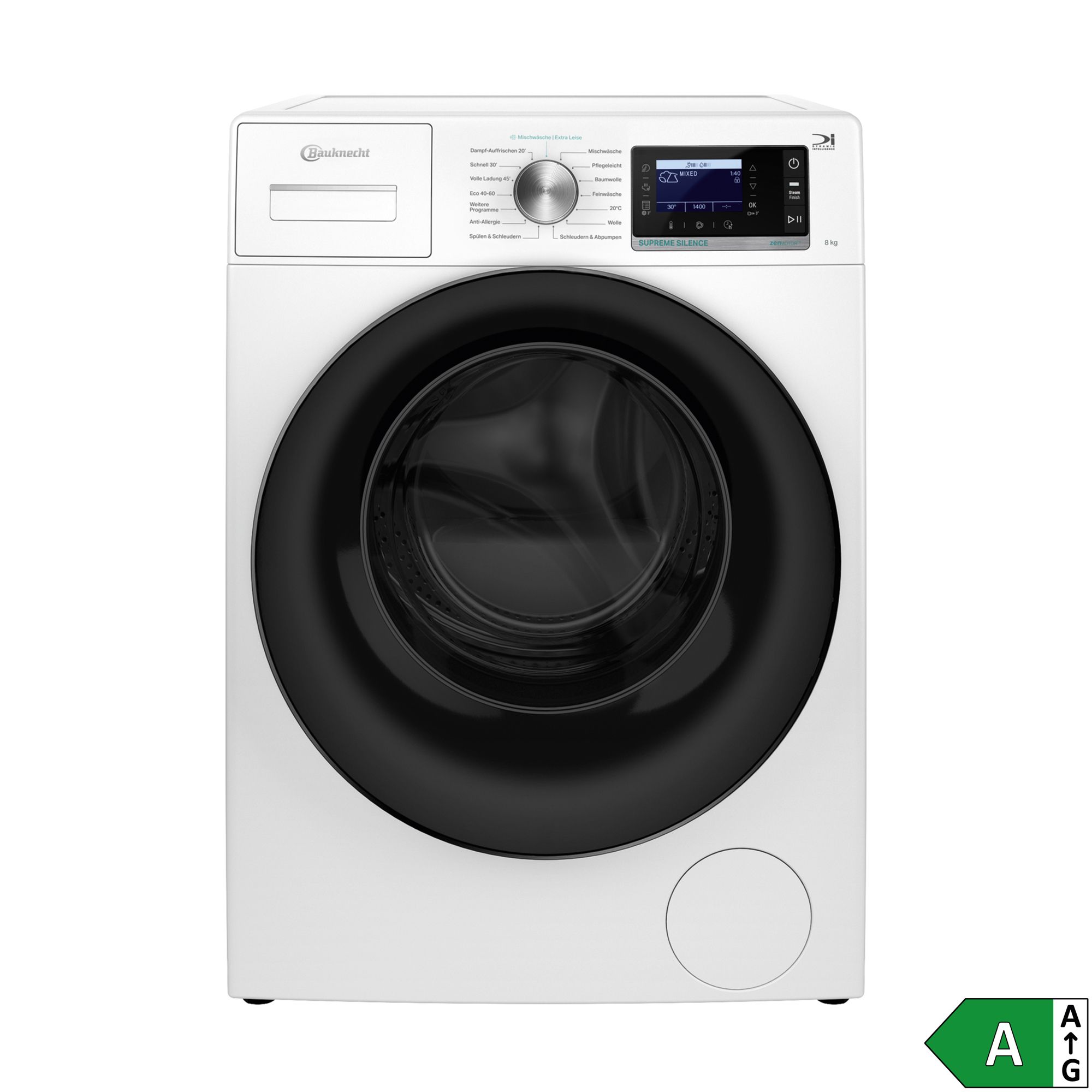 BAUKNECHT Waschmaschine 9kg, EEK A-20% Steamfunktion, leise durch Geräuschdämmung, Energieeffizienzklasse A
