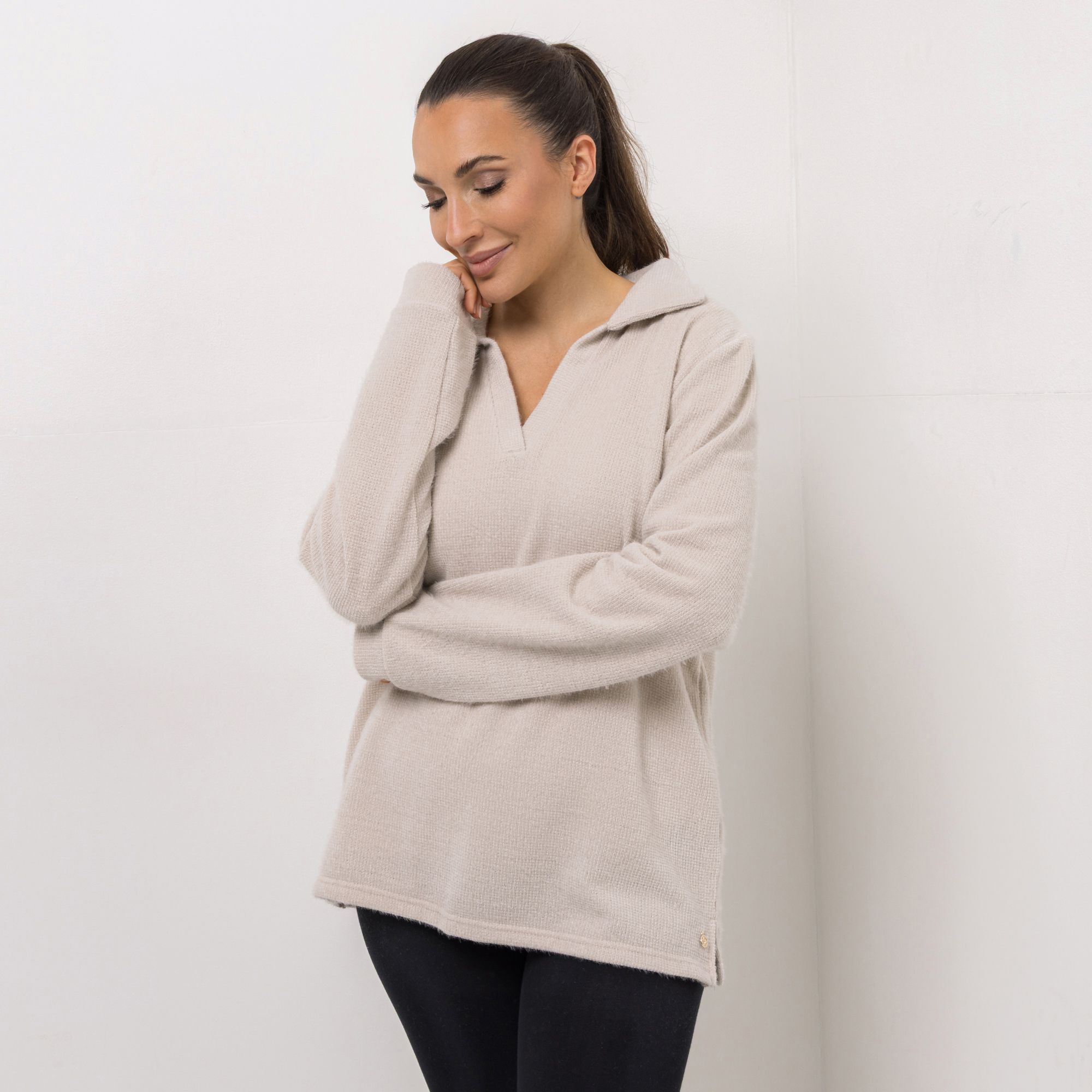 MONT CHALET Damen-Pullover uni Angora-Fellimitat Polo-Ausschnitt