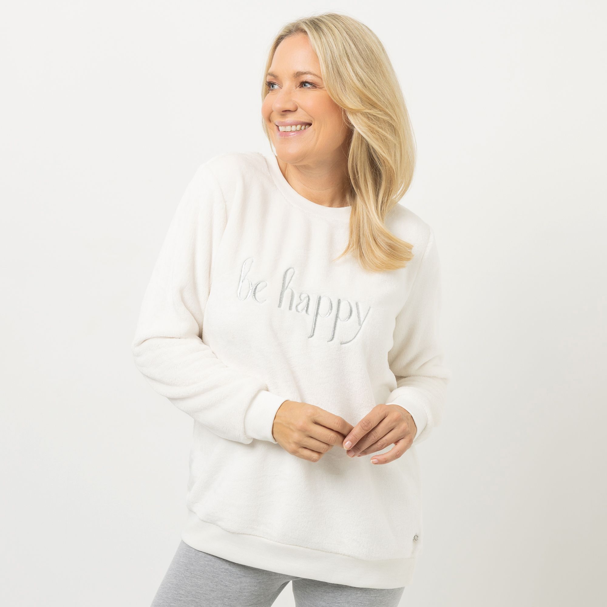 MONT CHALET Damen-Pullover be happy-Stickerei Mikrofaser Chinchilla Rundhalsausschnitt