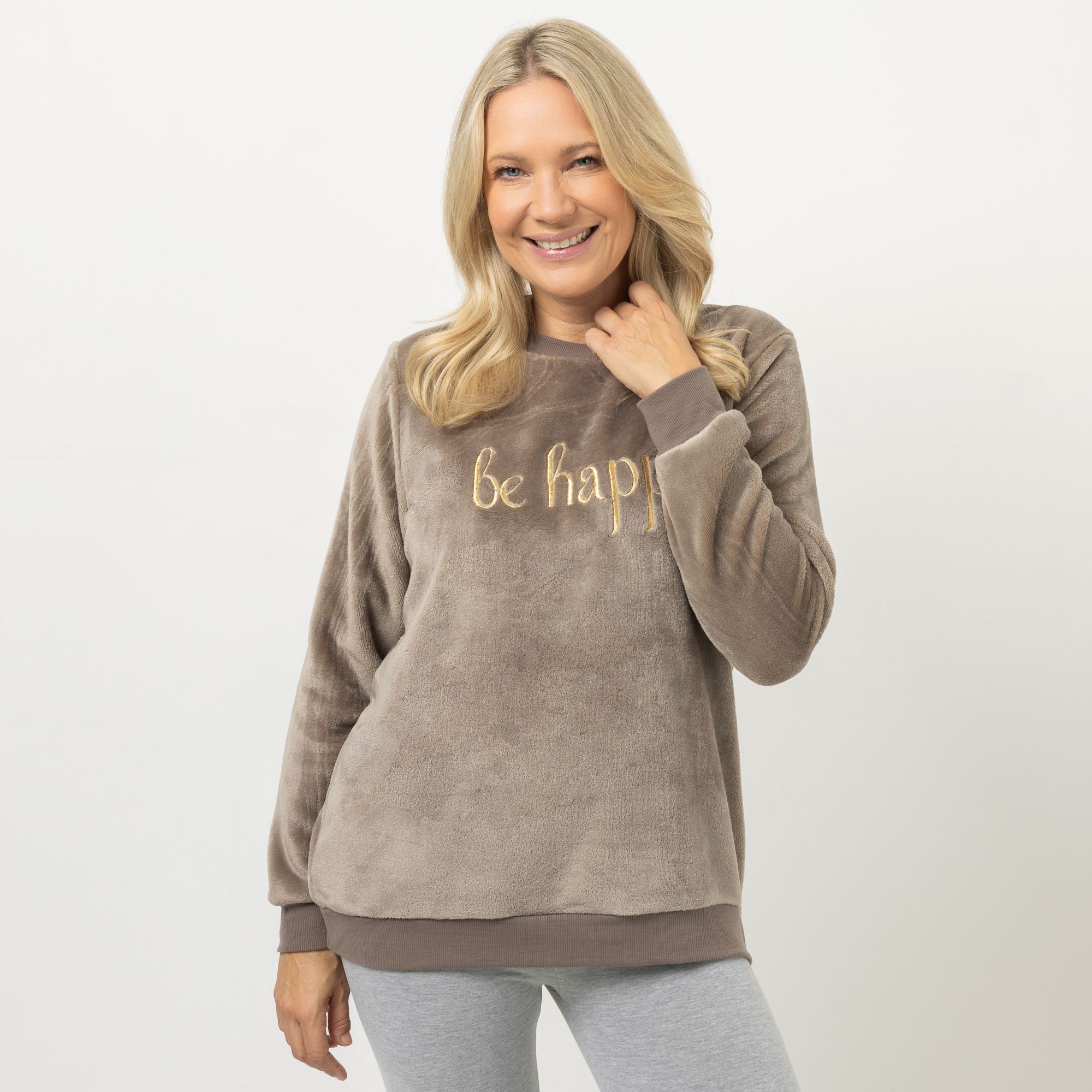 MONT CHALET Damen-Pullover be happy-Stickerei Mikrofaser Chinchilla Rundhalsausschnitt