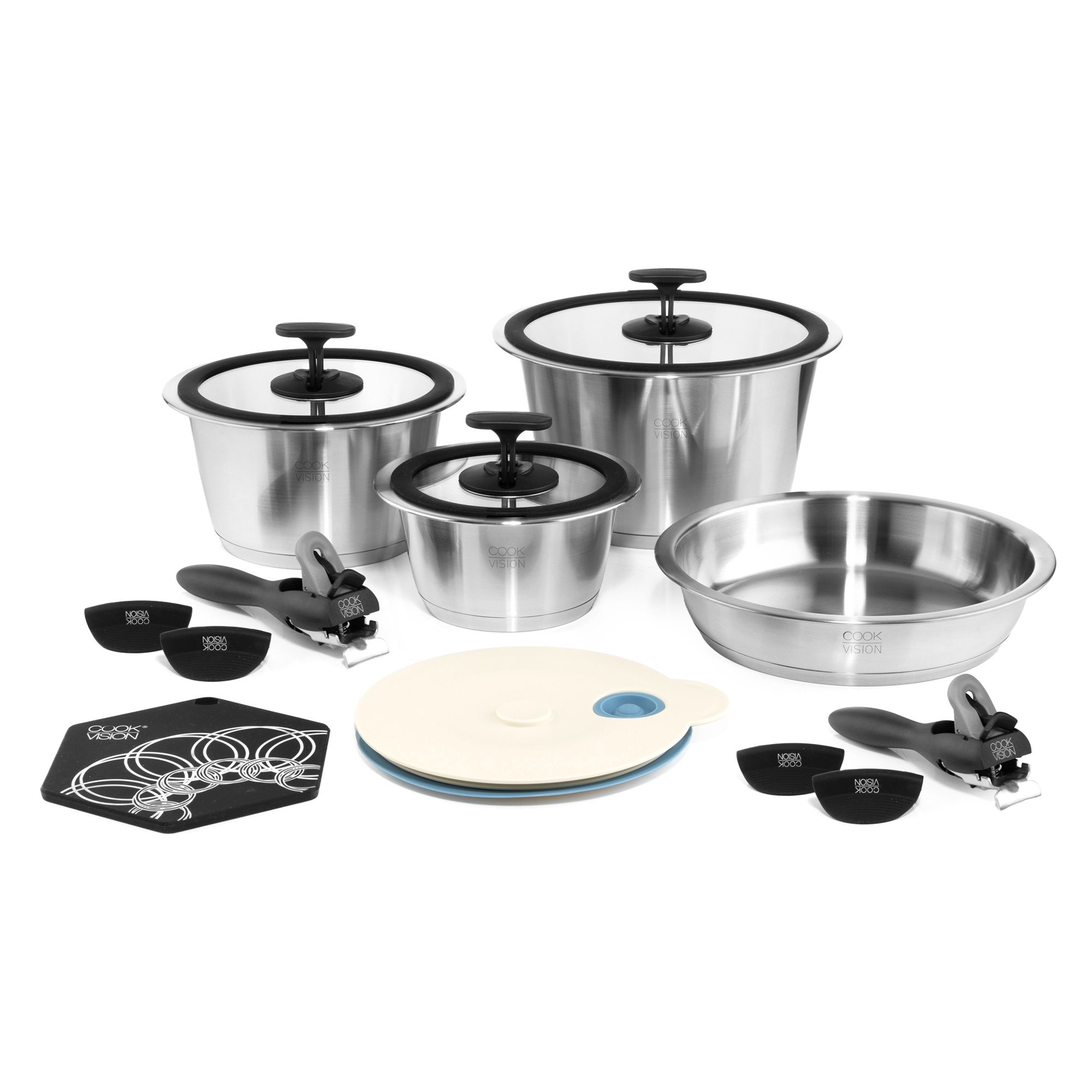 Cookvision Stapelbares Premium- Kochset aus Edelstahl abnehmbare Lang- und Silikongriffe, 15tlg
