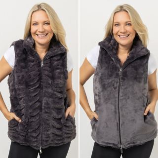 MONT CHALET wendbare Damen-Weste Fellimitat & Mikrofaser Chinchilla Stehkragen & Taschen