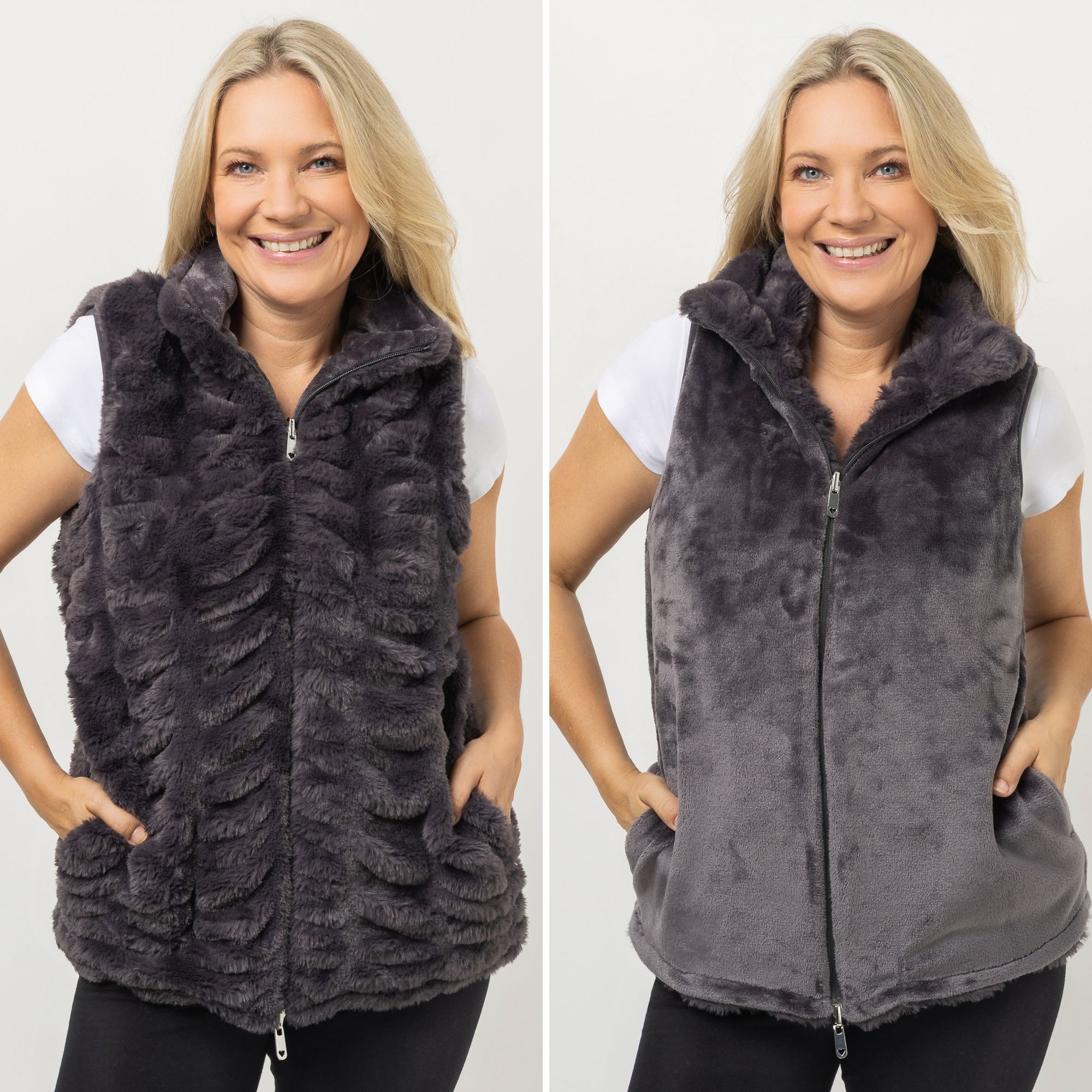 MONT CHALET wendbare Damen-Weste Fellimitat & Mikrofaser Chinchilla Stehkragen & Taschen