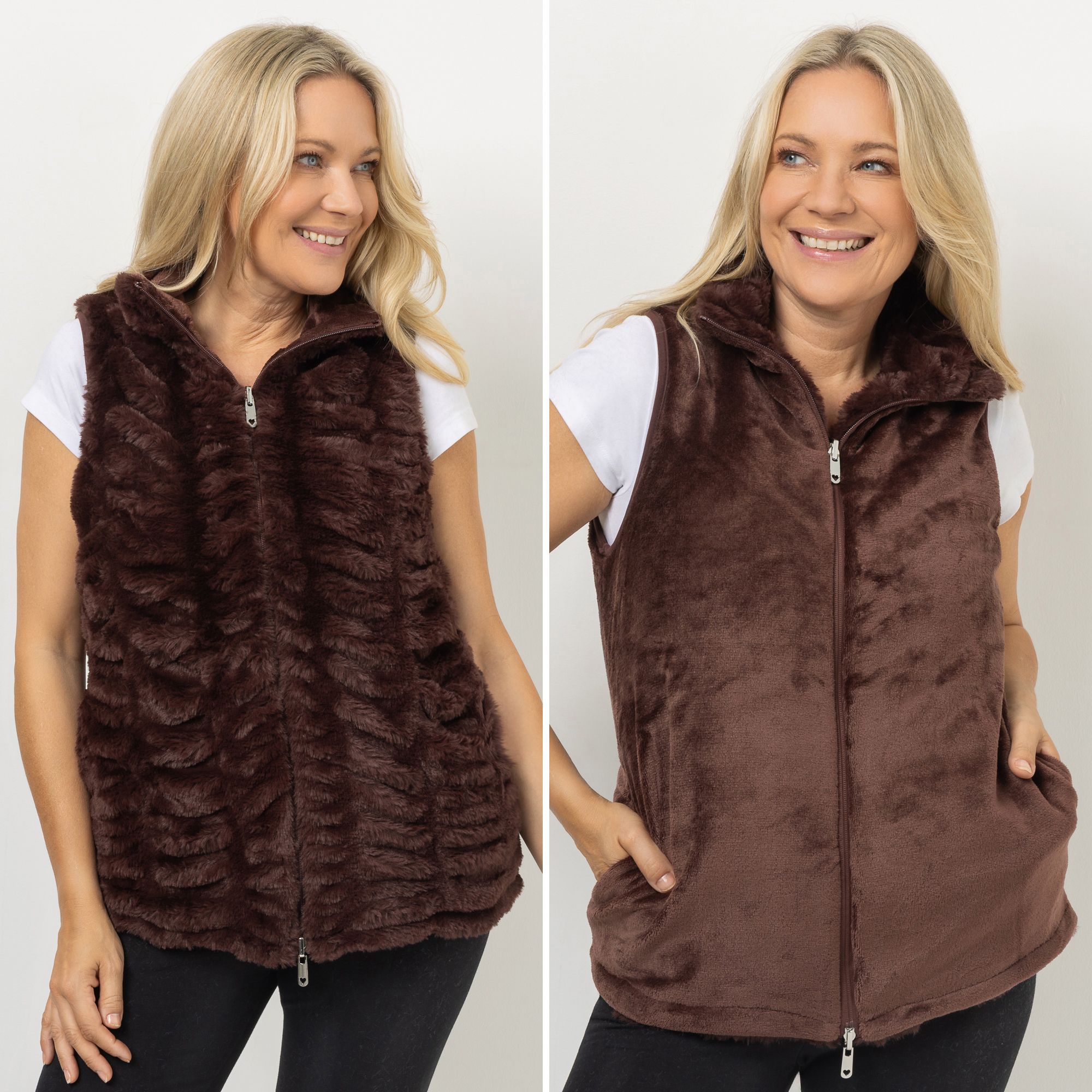 MONT CHALET wendbare Damen-Weste Fellimitat & Mikrofaser Chinchilla Stehkragen & Taschen