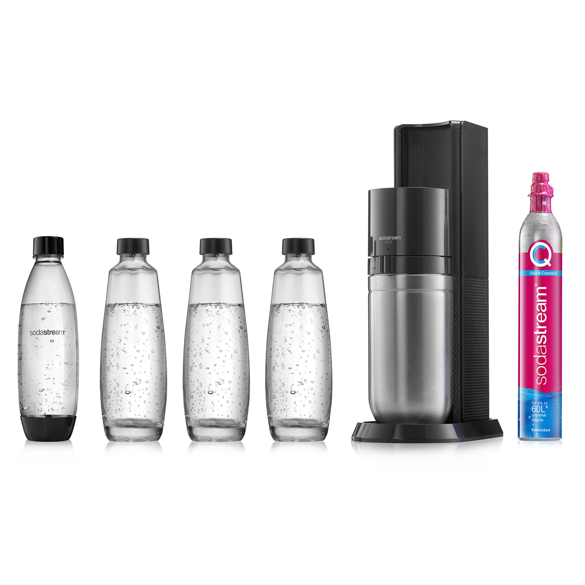 SodaStream Wassersprudler DUO mit CO2-Zylinder, 2x 1L Glasflasche und 2x 1L  spülmaschinenfeste Kunststoff-Flasche, Höhe: 44cm, Farbe: Titan