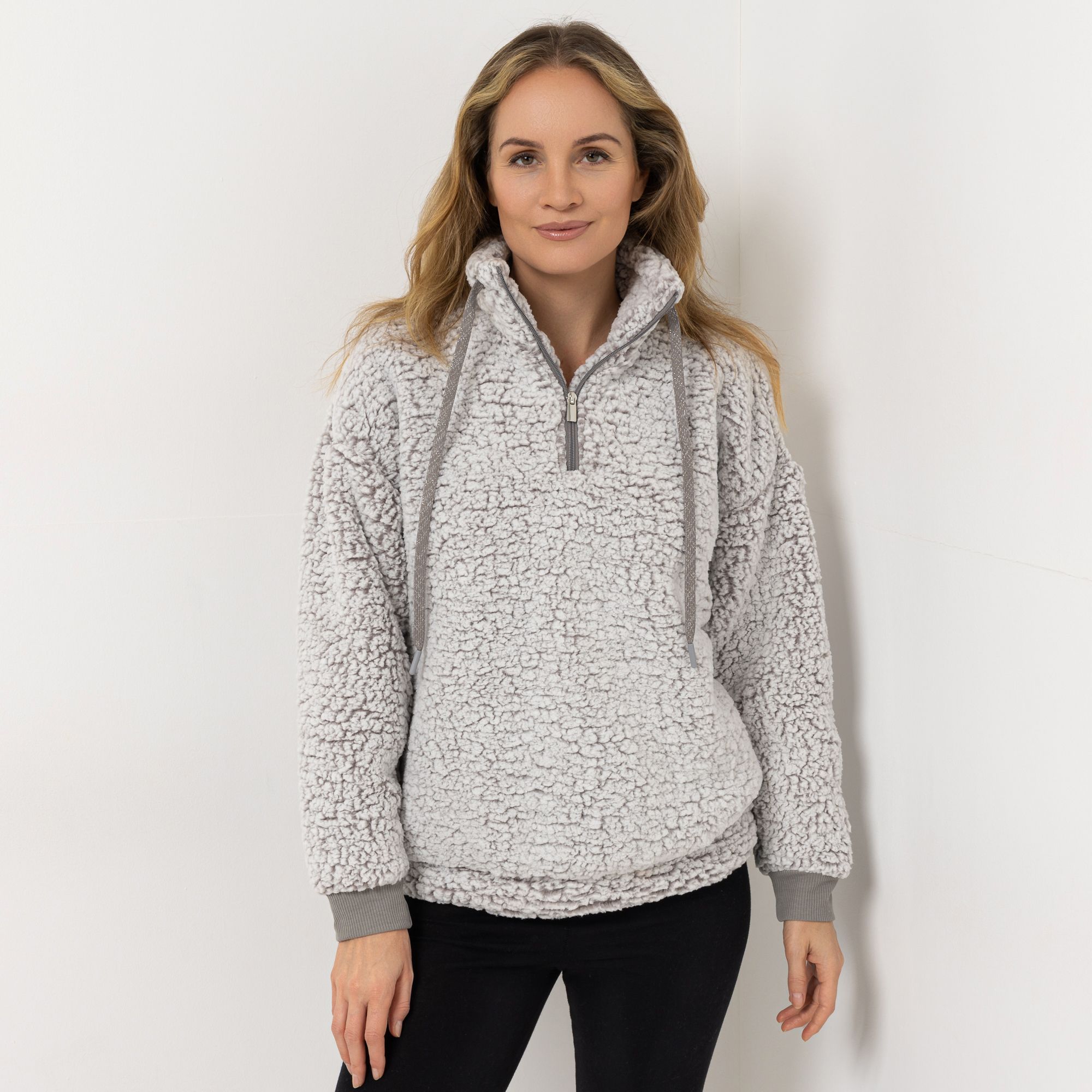 MONT CHALET Damen-Pullover uni Schäfchenfell Troyer-Ausschnitt