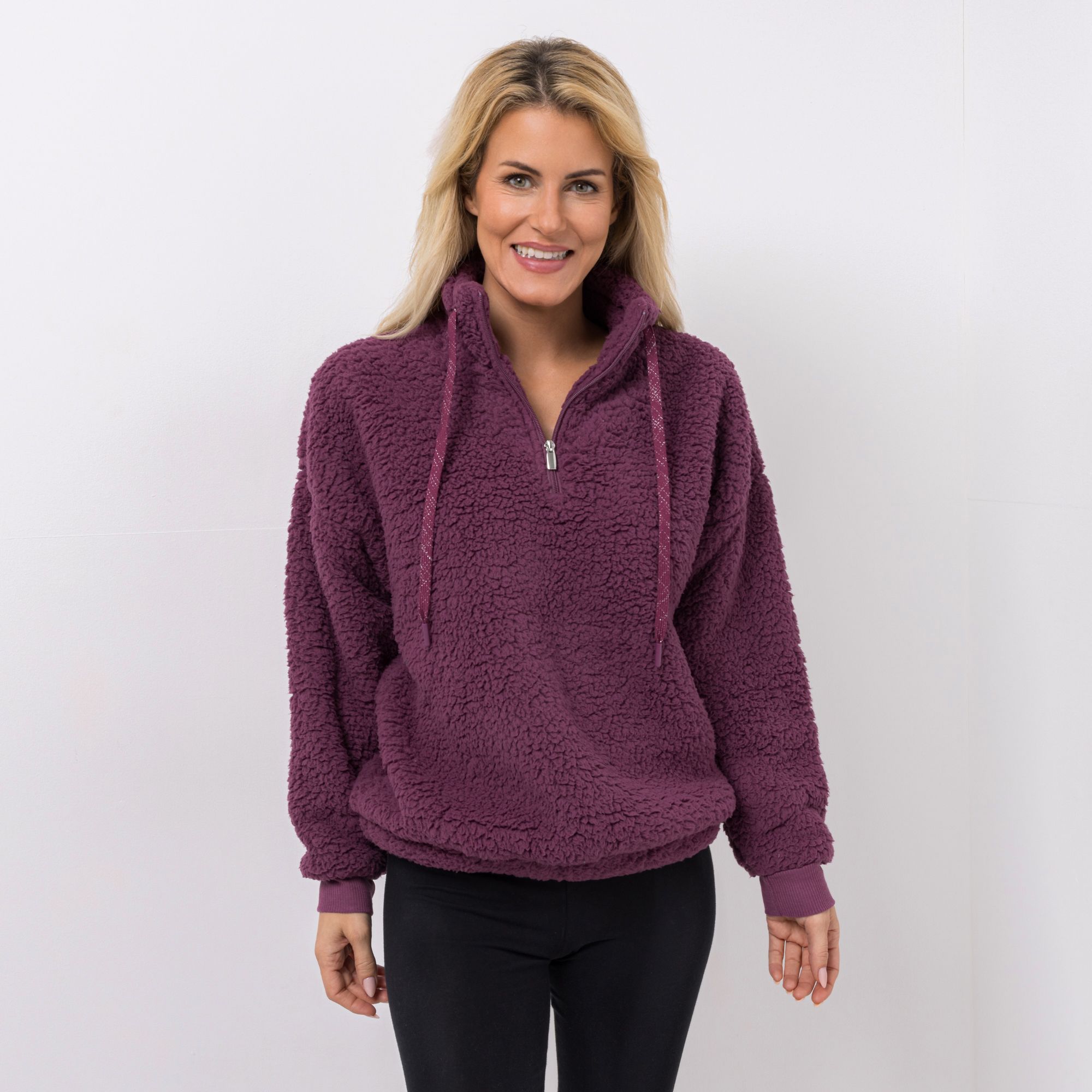 MONT CHALET Damen-Pullover uni Schäfchenfell Troyer-Ausschnitt