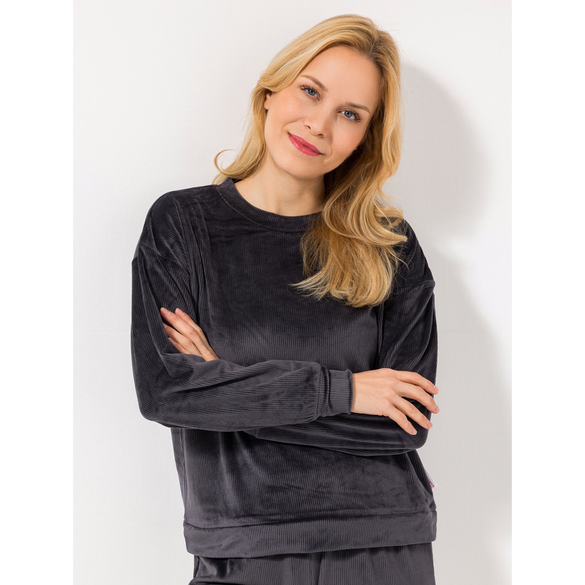 MONT CHALET Damen-Pullover uni Cord-Optik Mikrofaser Samtfell überschn. Schulter