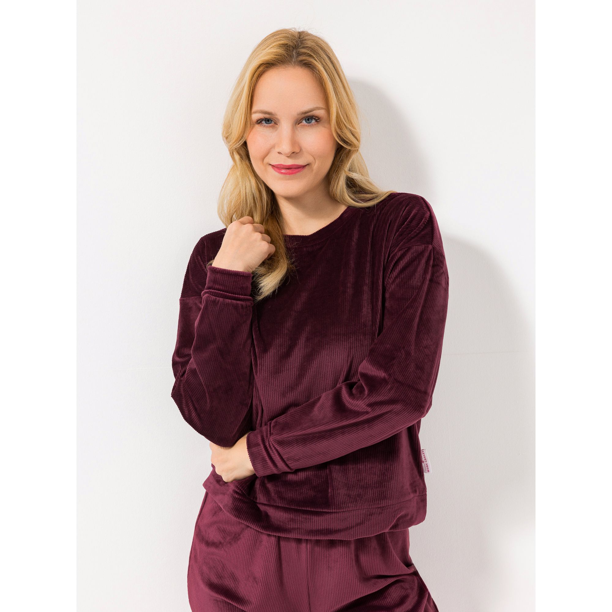 MONT CHALET Damen-Pullover uni Cord-Optik Mikrofaser Samtfell überschn. Schulter