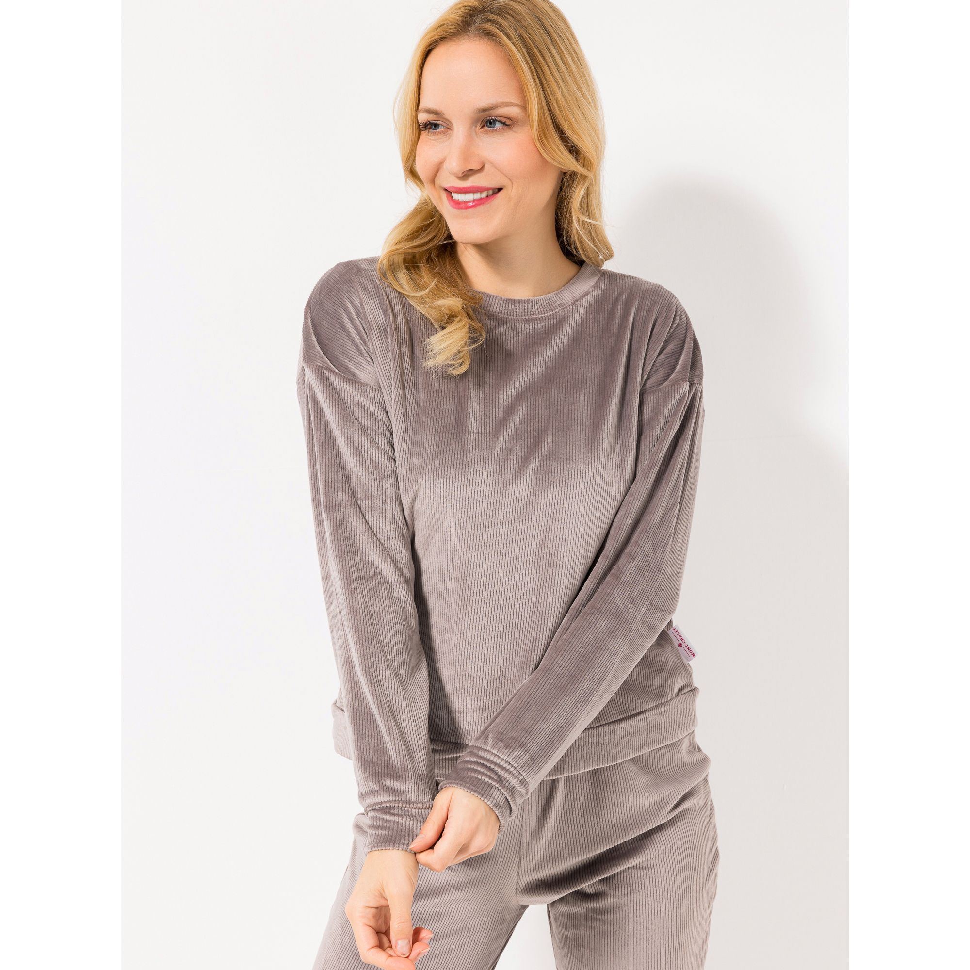 MONT CHALET Damen-Pullover uni Cord-Optik Mikrofaser Samtfell überschn. Schulter