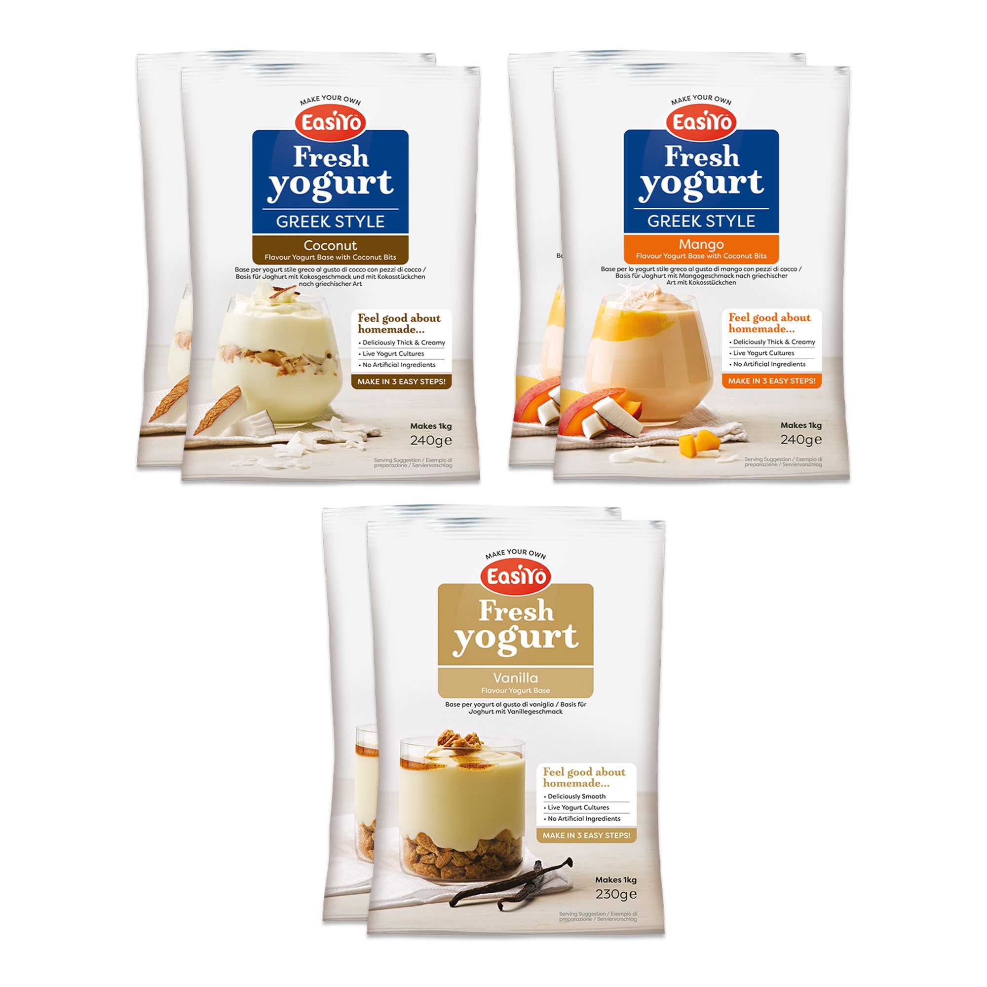 EASIYO Joghurtpulver 6 Beutel für 6kg frischen Joghurt 3 versch. Sorten