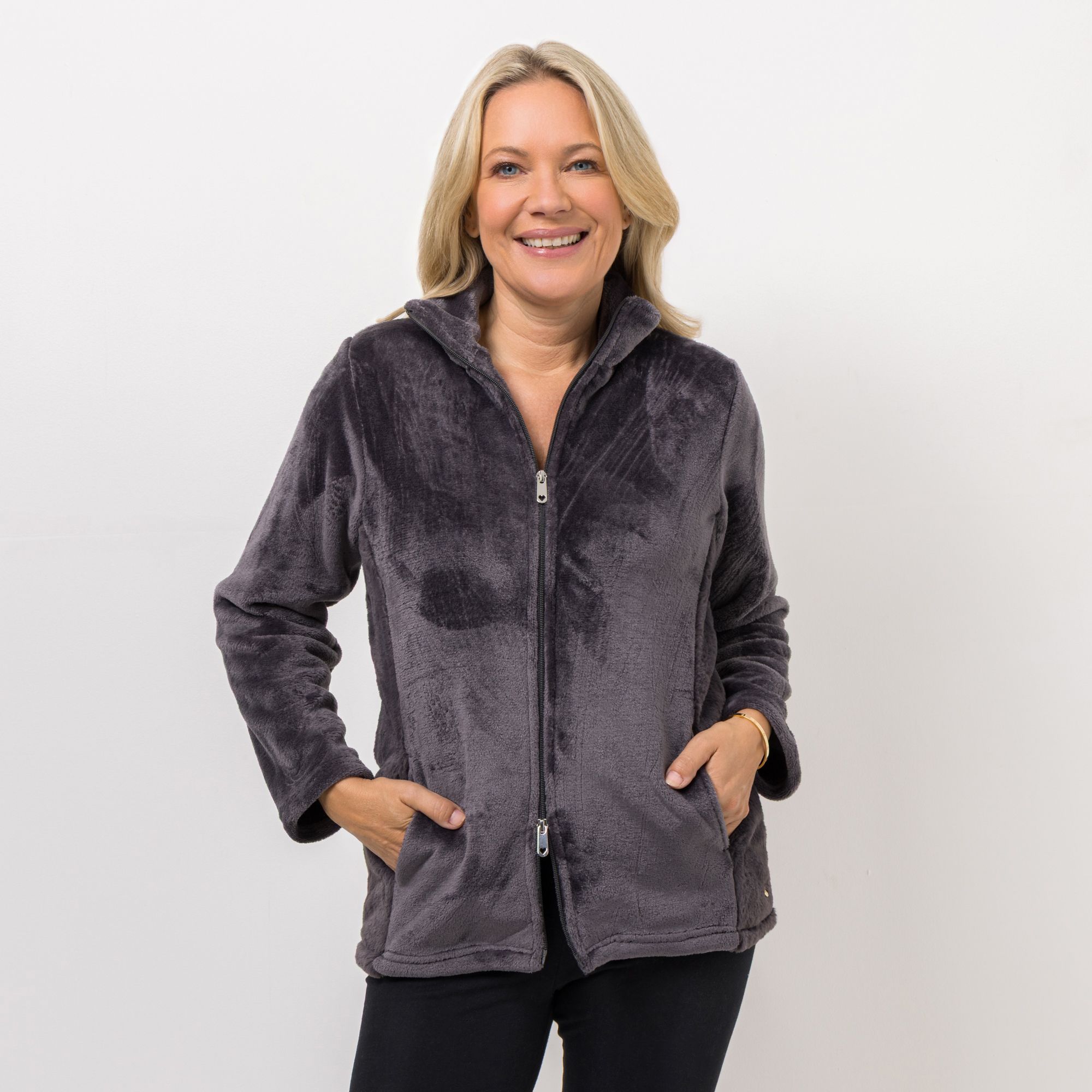 MONT CHALET Damen-Jacke uni mit Fellimitat Mikrofaser Chinchilla Stehkragen & Taschen