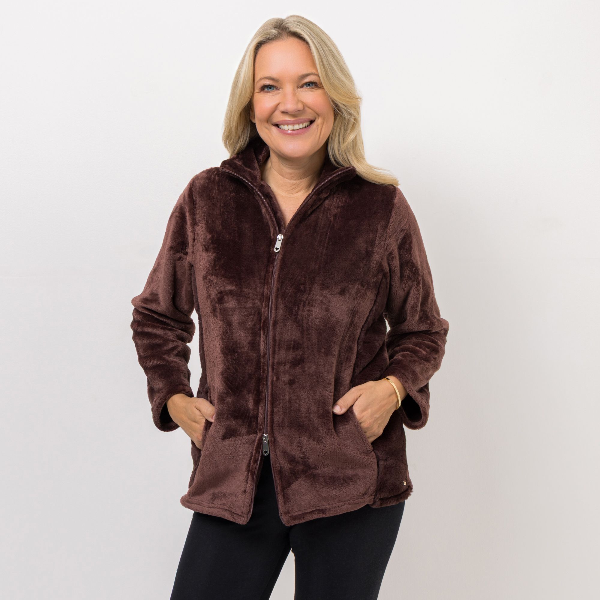 MONT CHALET Damen-Jacke uni mit Fellimitat Mikrofaser Chinchilla Stehkragen & Taschen