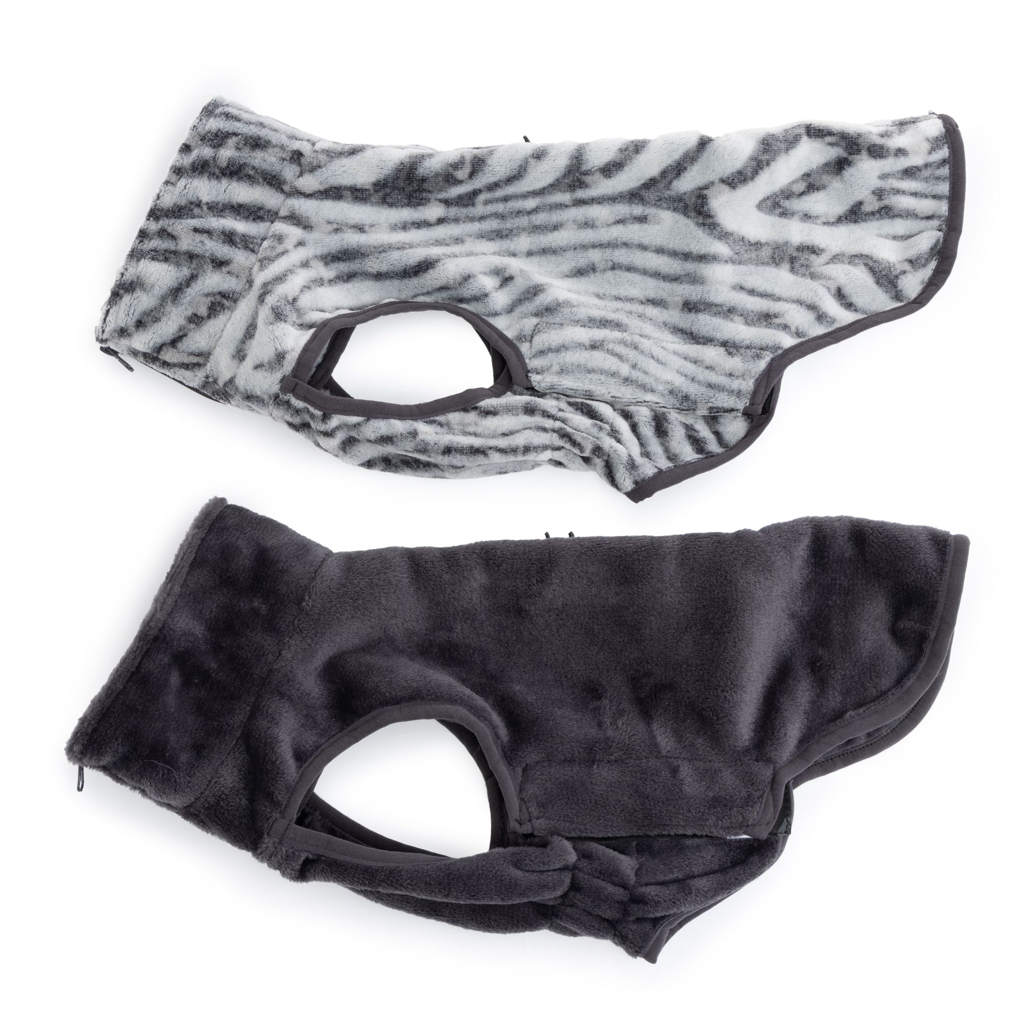 MONT CHALET 2 Hunde-Pullover 1x uni & 1x bedruckt Klettverschlüsse Mikrofaser Chinchilla