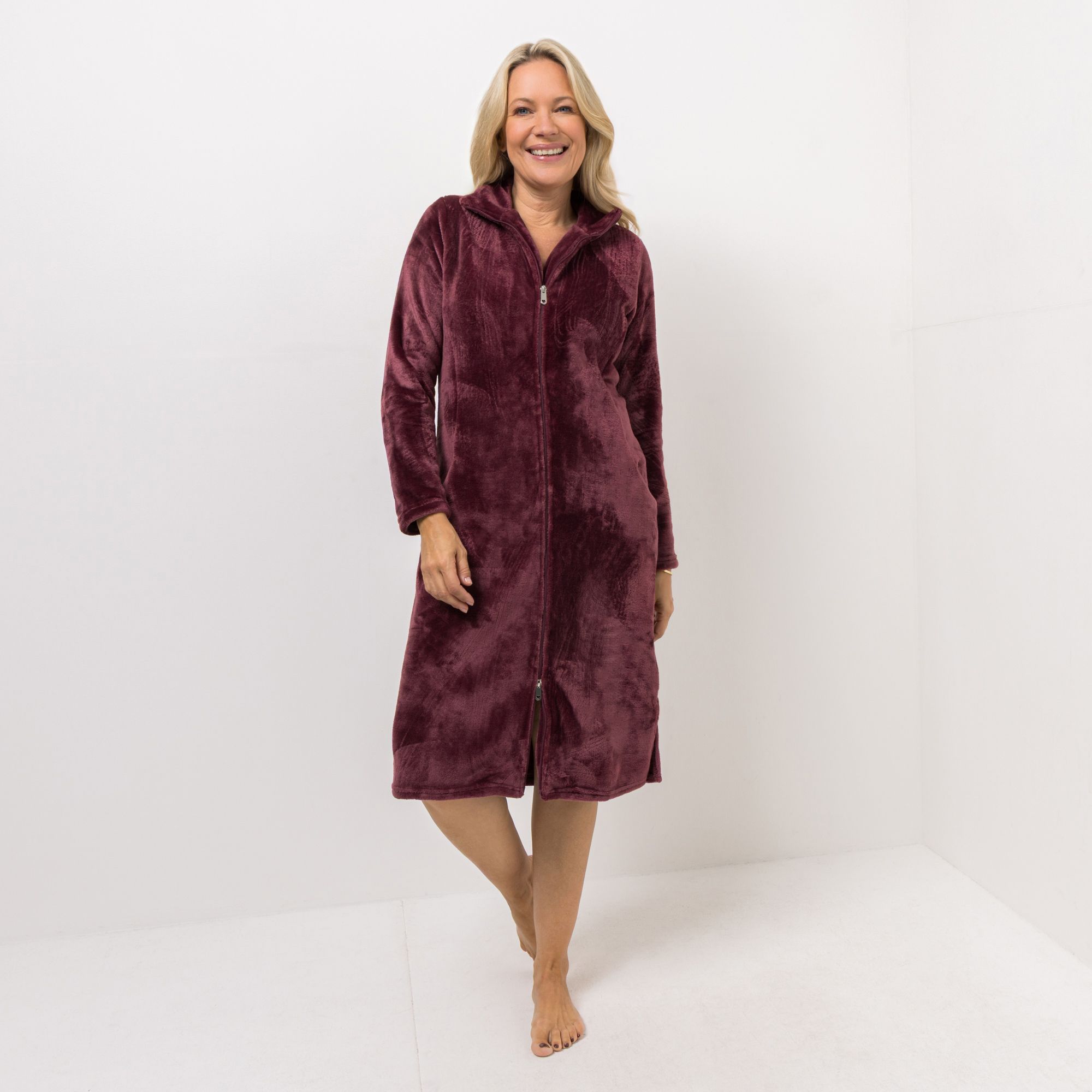 MONT CHALET Damen-Hauskleid uni Mikrofaser Chinchilla Stehkragen & Taschen