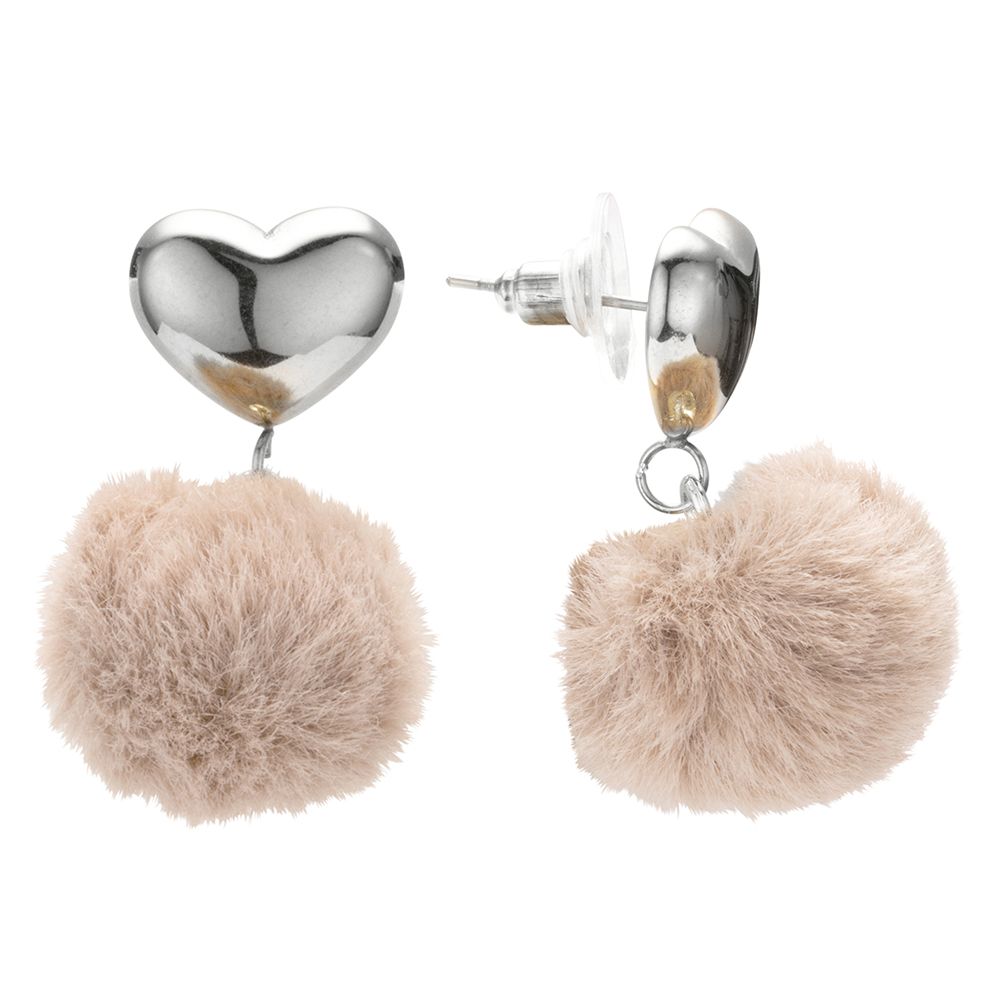 MONT CHALET Herzchen-Ohrhänger Edelstahl Fellimitat-Bommel Modeschmuck
