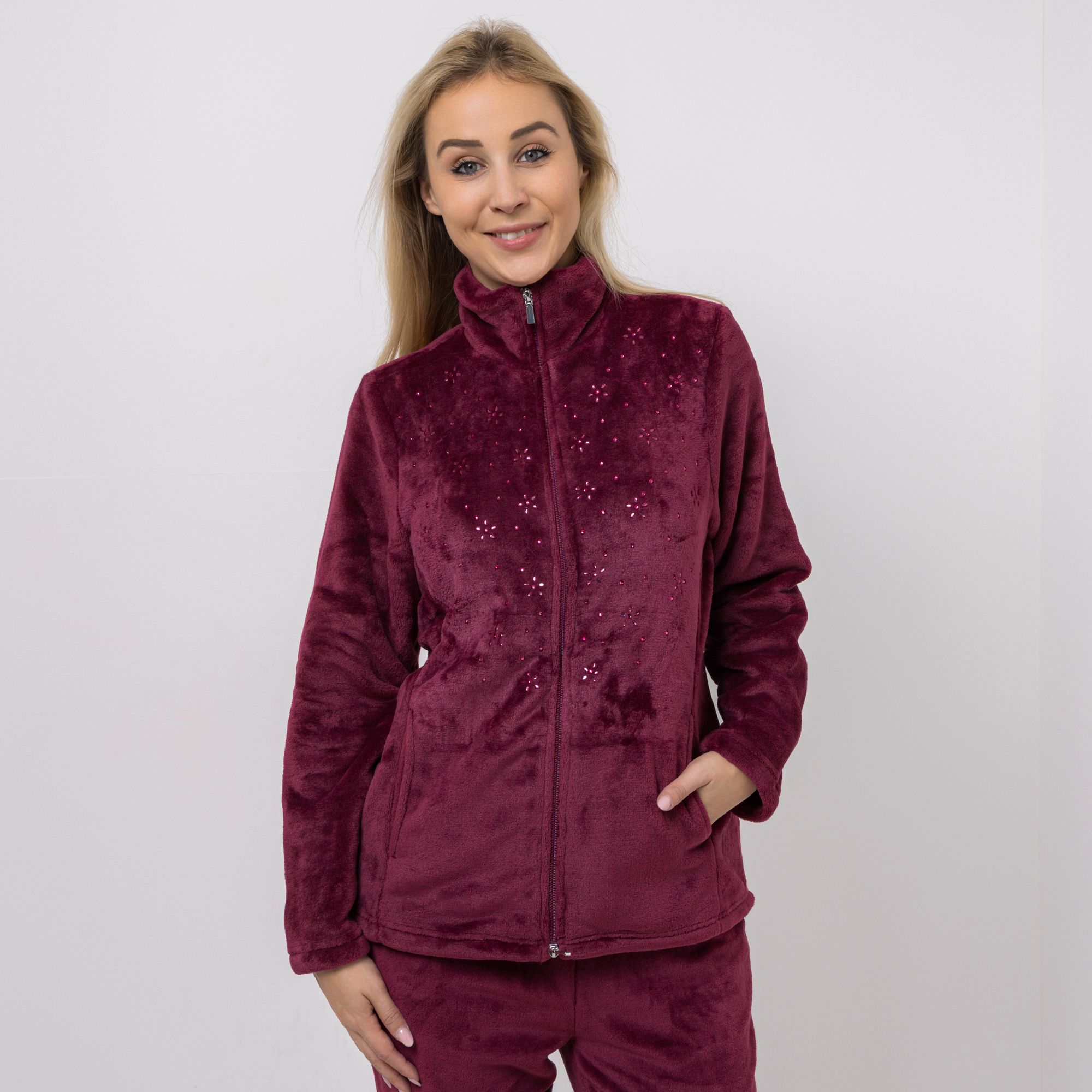 MONT CHALET Damen-Jacke uni Strasssteine Mikrofaser Chinchilla Stehkragen