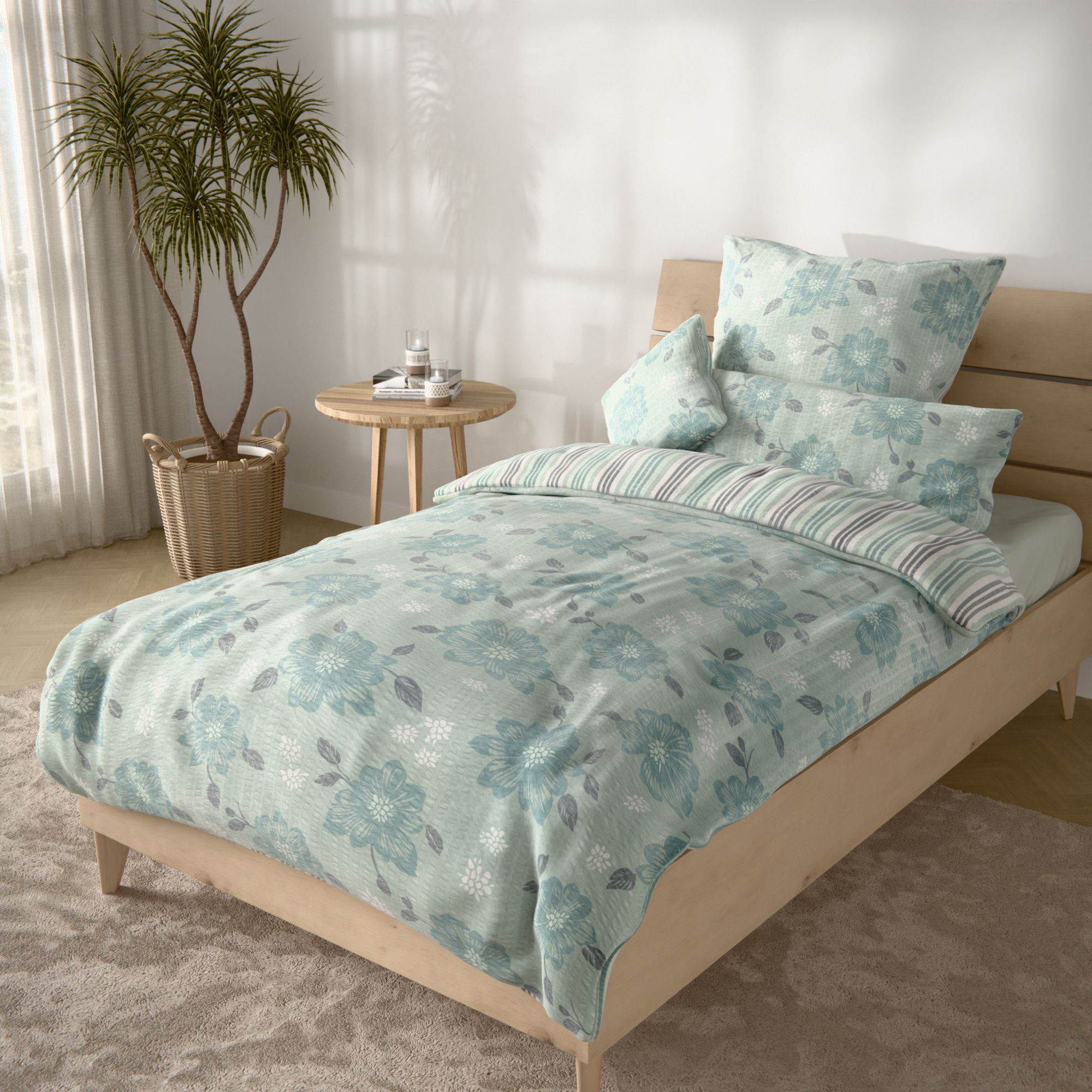 SOFT WAVE Wendebettwäsche Blumen & Streifen Mikrofaser Seersucker Einzelbett, 5tlg.