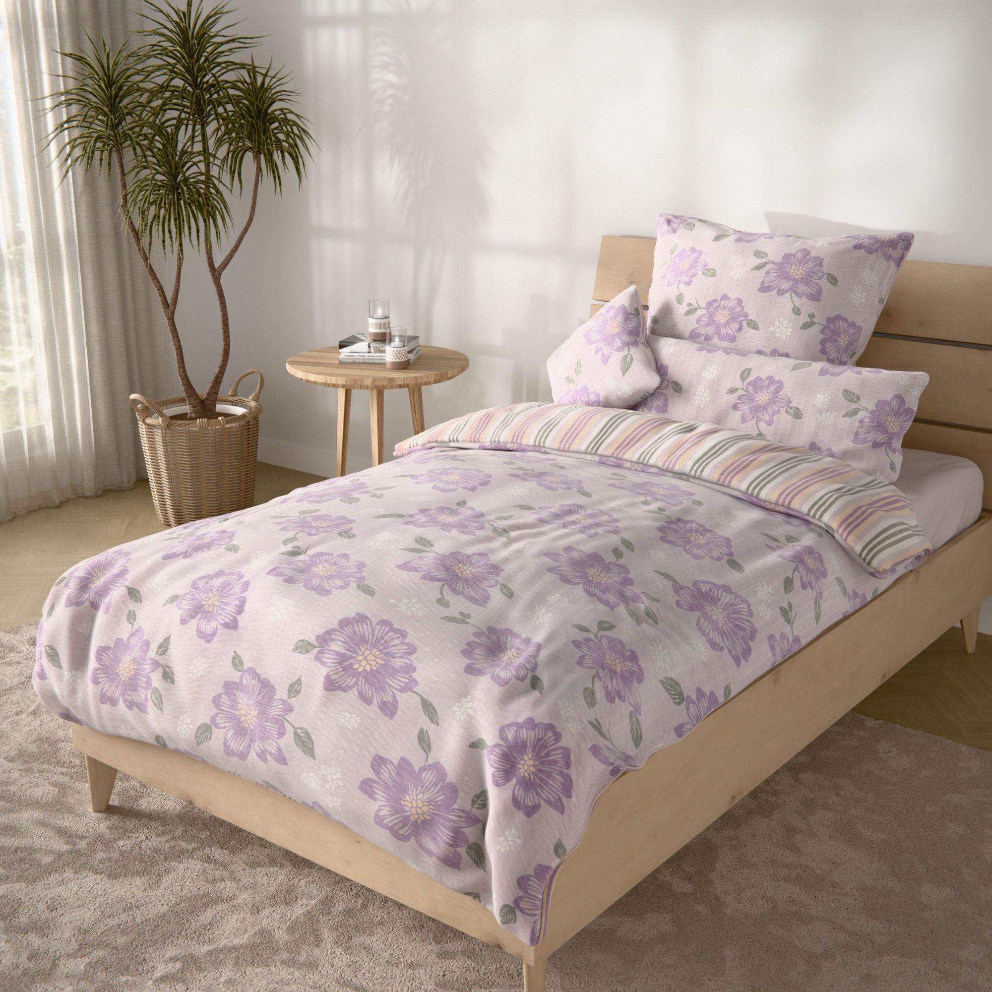 SOFT WAVE Wendebettwäsche Blumen & Streifen Mikrofaser Seersucker Einzelbett, 5tlg.