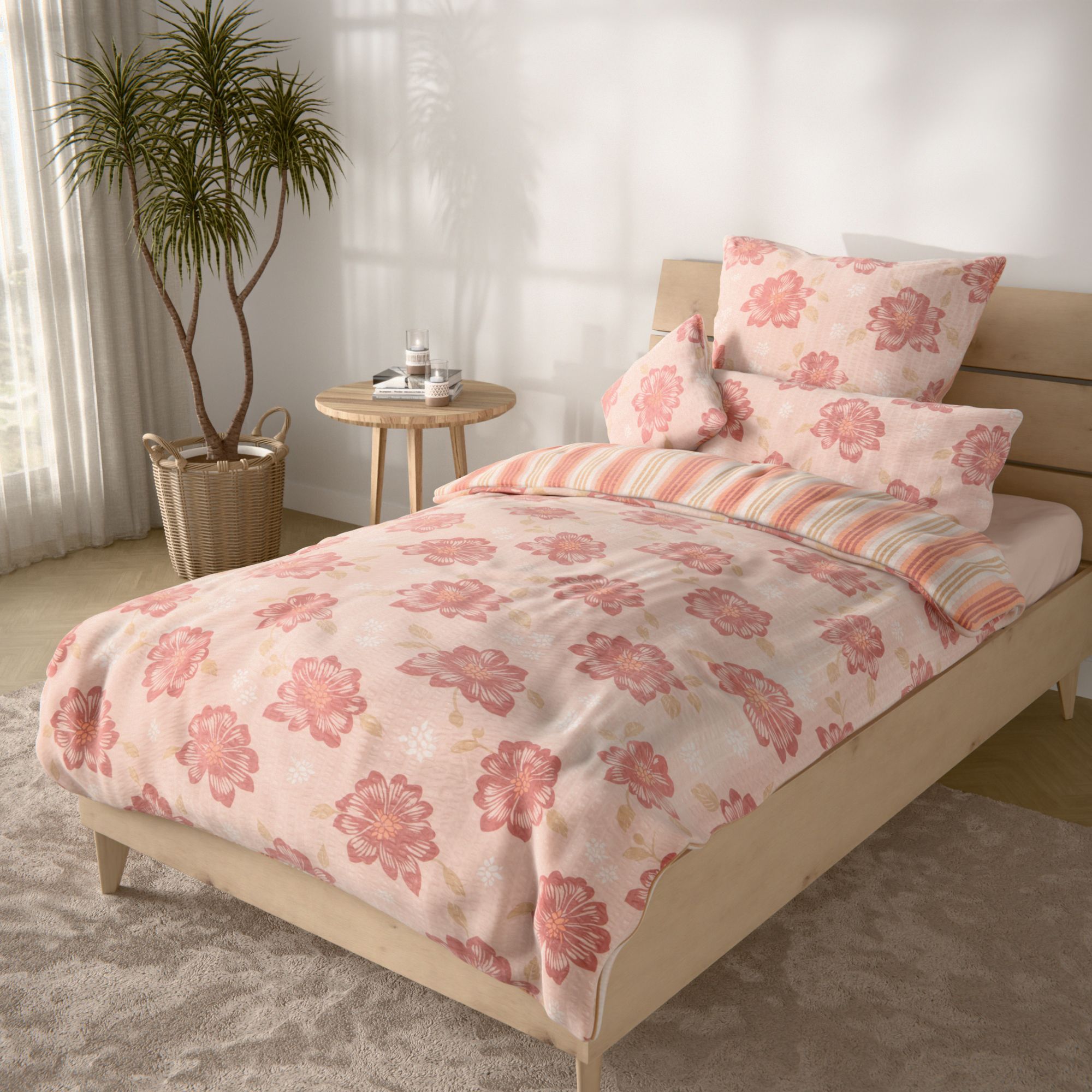 SOFT WAVE Wendebettwäsche Blumen & Streifen Mikrofaser Seersucker Einzelbett, 5tlg.