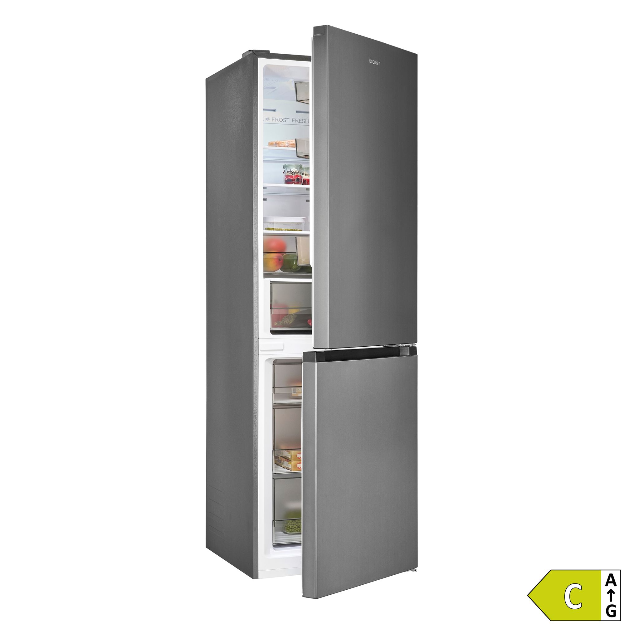 EXQUISIT Kühl-/Gefrierkombi 337l / EEK C NoFrost, ECO-Modus Silbergrau, Energieeffizienzklasse C