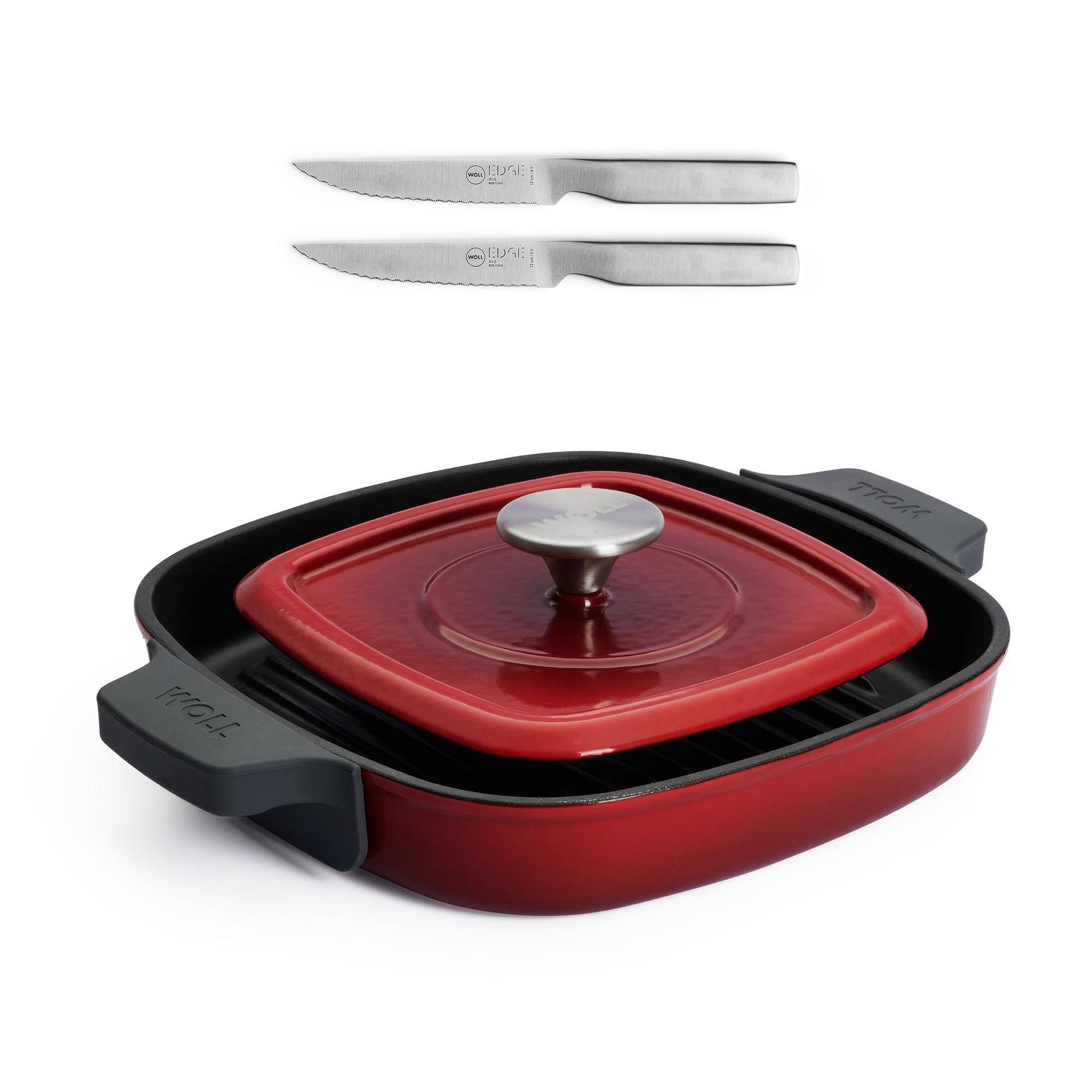 WOLL® Cast Iron Steakpfanne, inkl. Steakpresse & 2-tlg. Steakmesser-Set