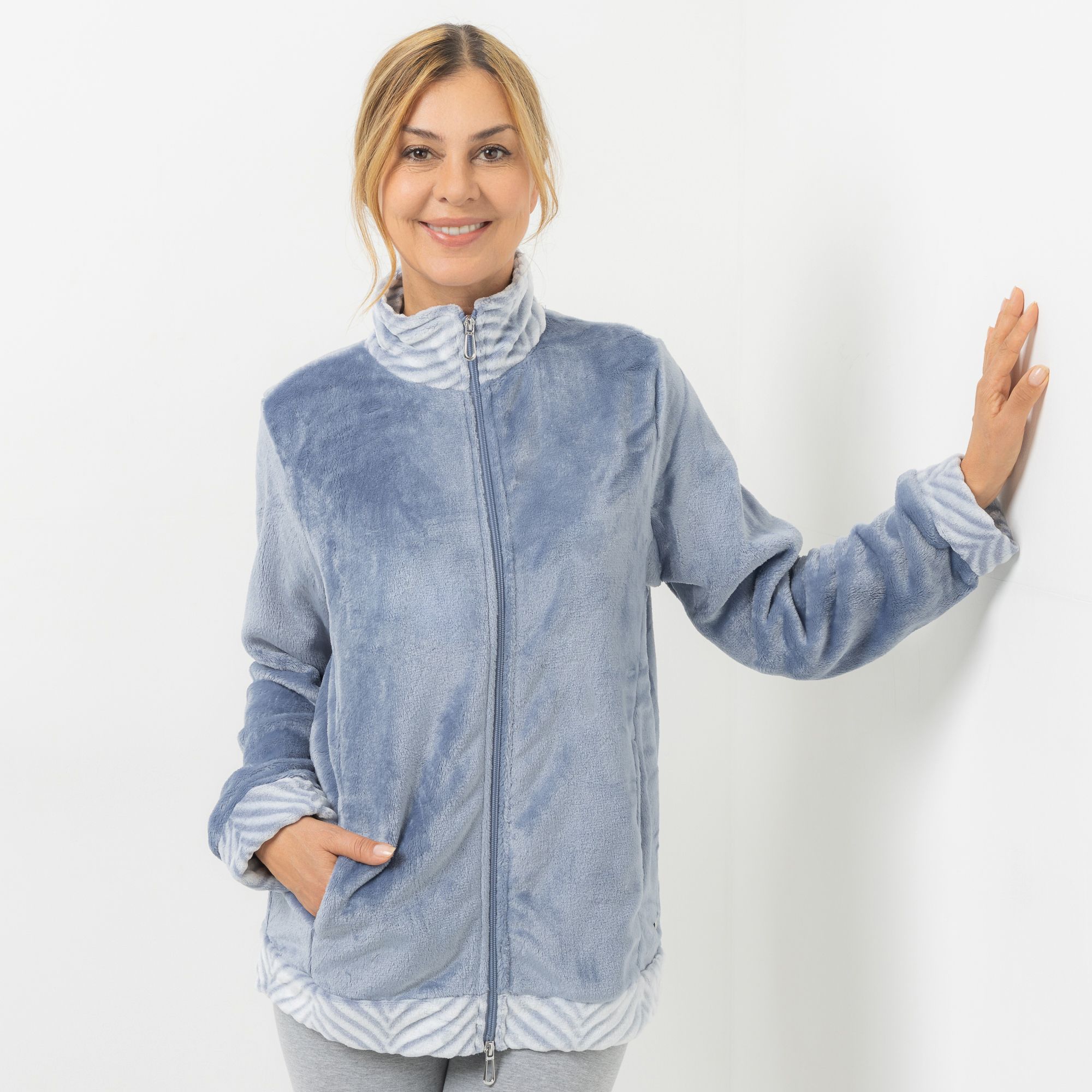 MONT CHALET Damen-Jacke geschorene Motive Mikrofaser Chinchilla Stehkragen & Taschen