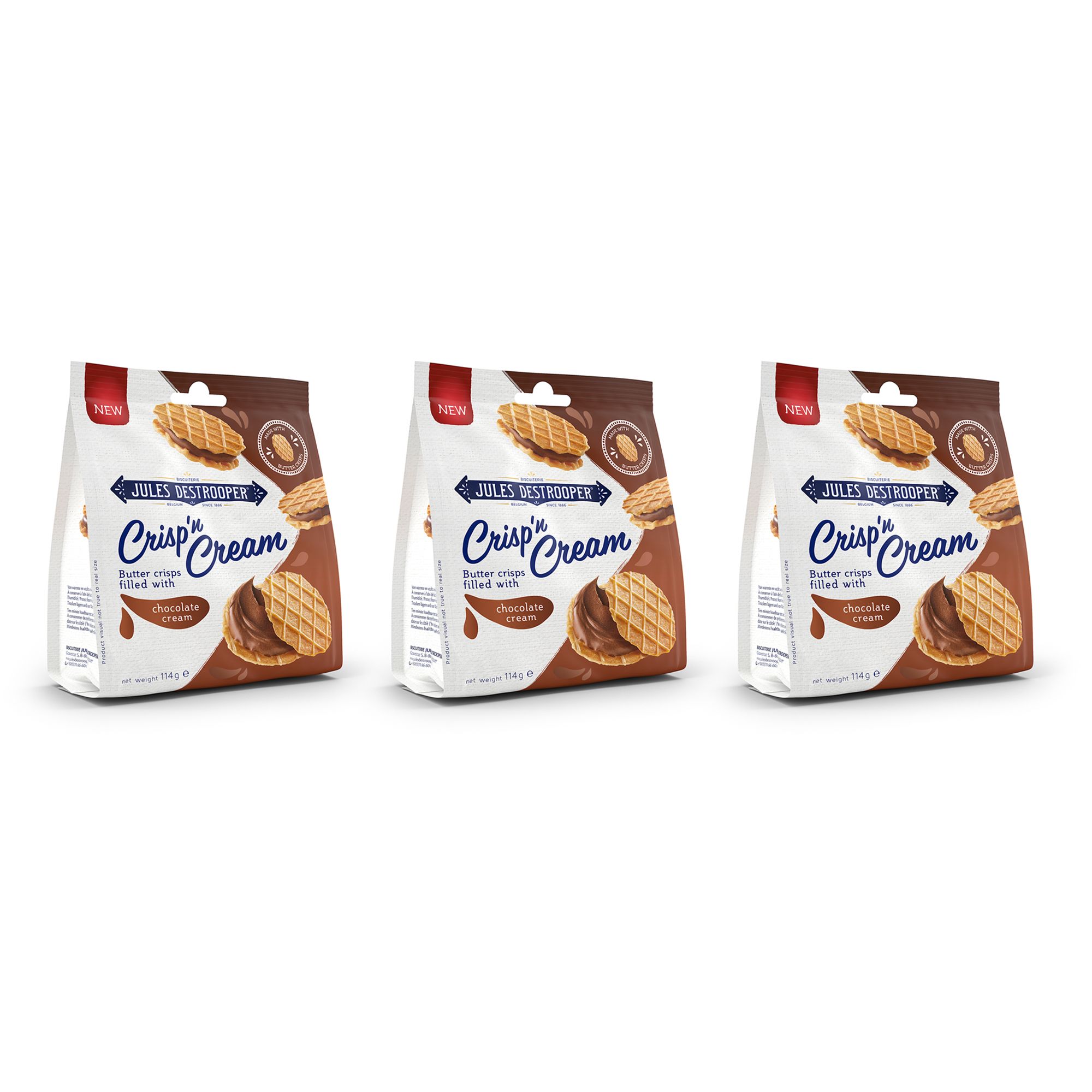 JULES DESTROOPER Crisp'n Cream Trio Butterwaffeln gefüllt mit Schokoladencreme Inhalt 342g