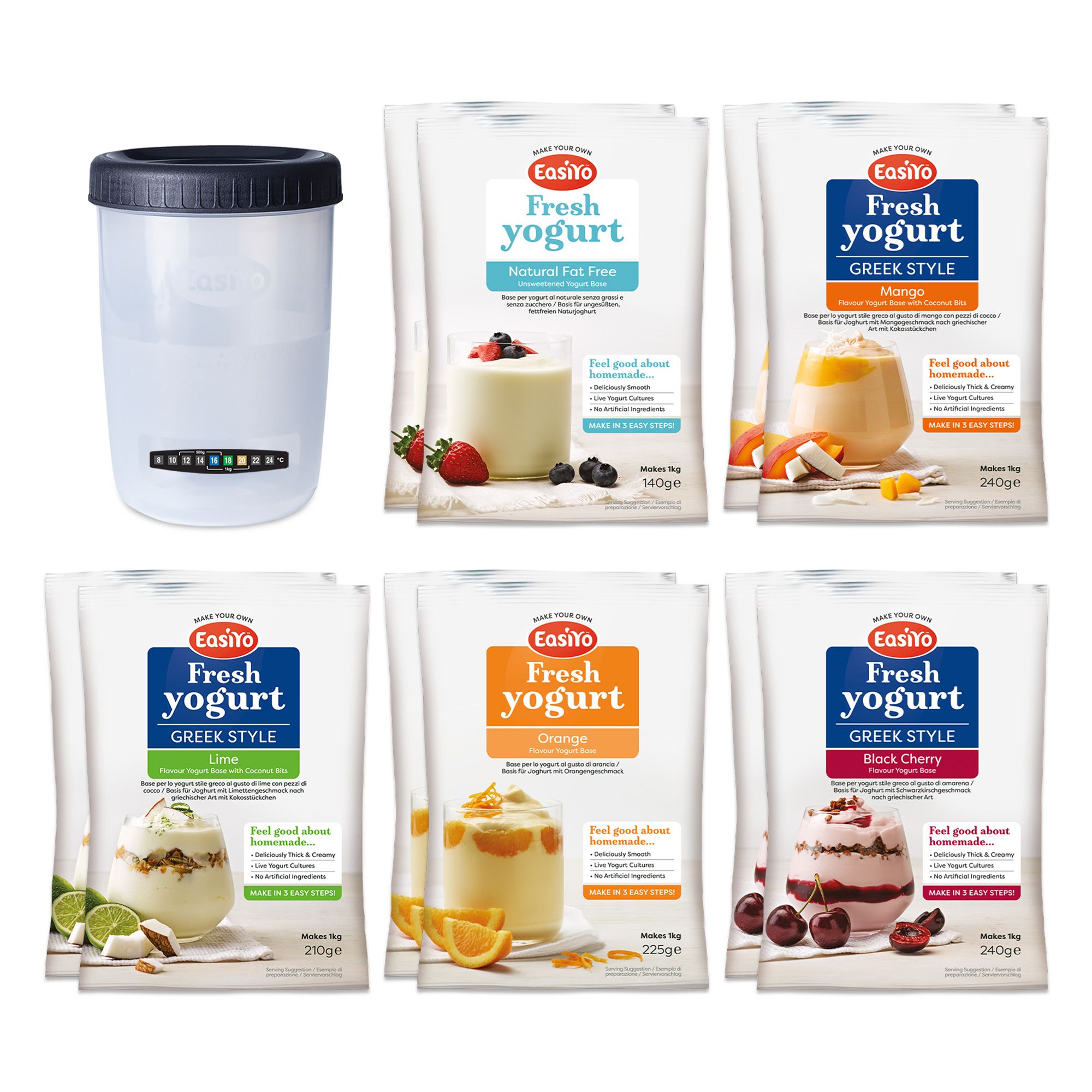 EASIYO Joghurtpulver 10 Beutel für 10kg Joghurt, 5 Sorten inkl. Behälter