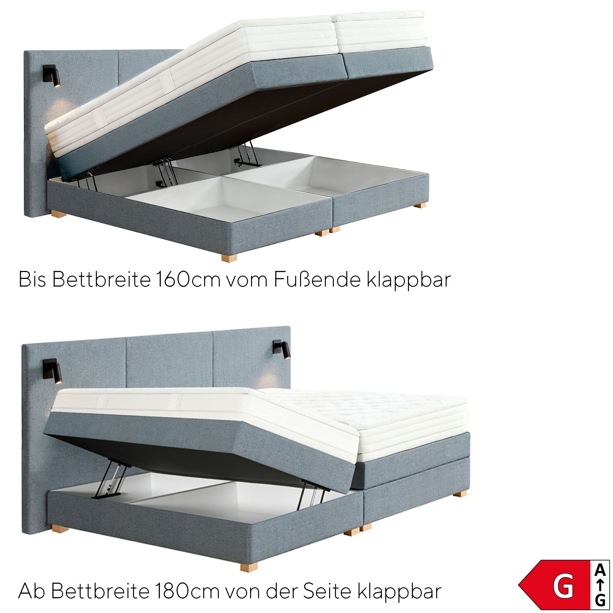 BODYFLEX BOXSPRING Bett TOSKANA konfigurierbar Serie Premium 2 integrierte Lampen, Energieeffizienzklasse G