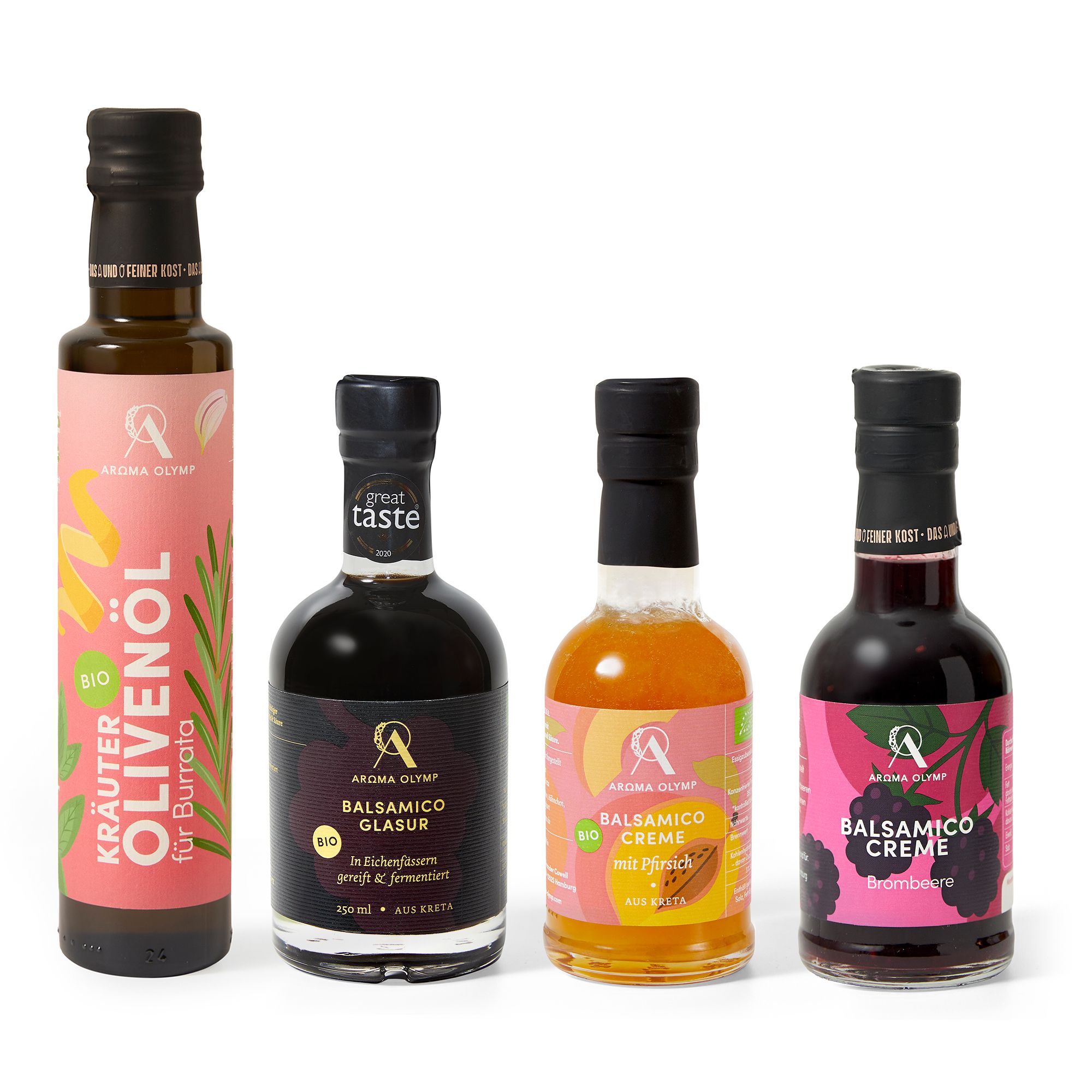 AROMA OLYMP Set mit Olivenöl, Balsamico Glasur & 2x Balsamico Creme davon 3 Bio, 900ml