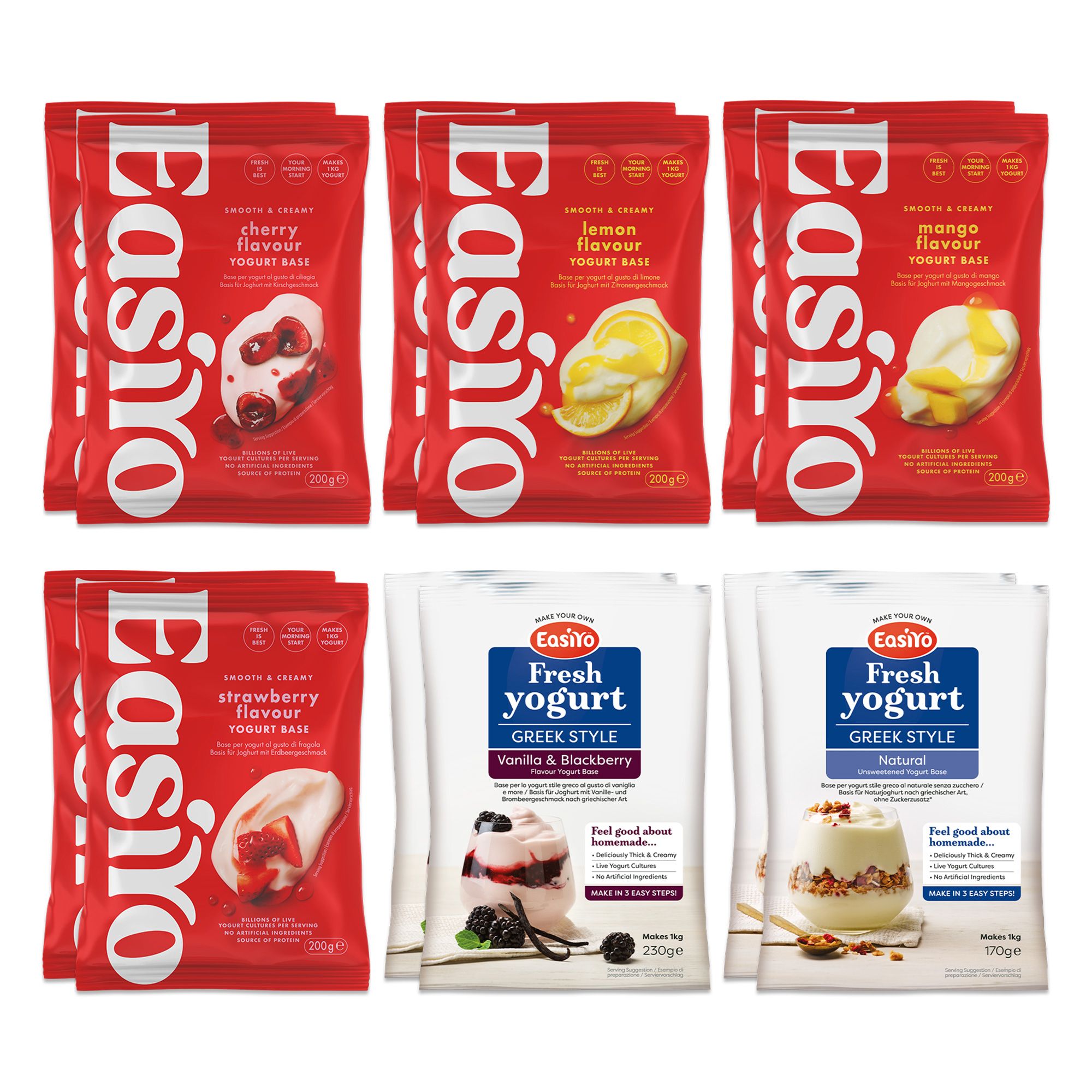  EASIYO Joghurtpulver 12 Beutel für 12kg frischen Joghurt 6 versch. Sorten