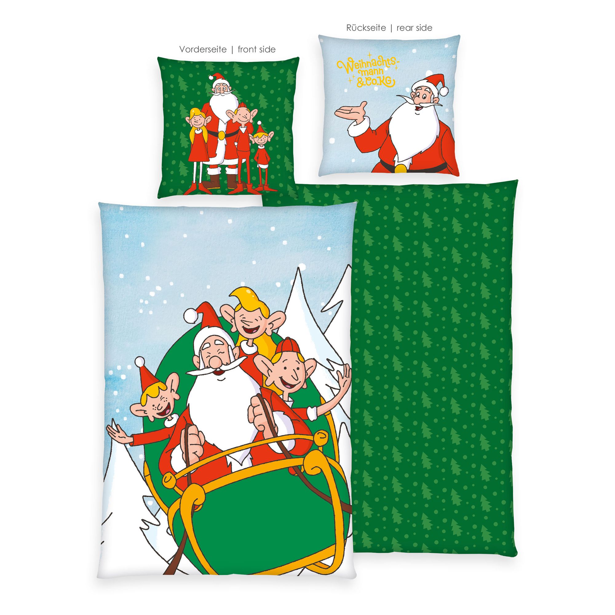 Weihnachtsmann & Co.KG Wendebettwäsche Elfen,Schlitten,Tanne Baumwoll Flanell Einzelbett, 2tlg.