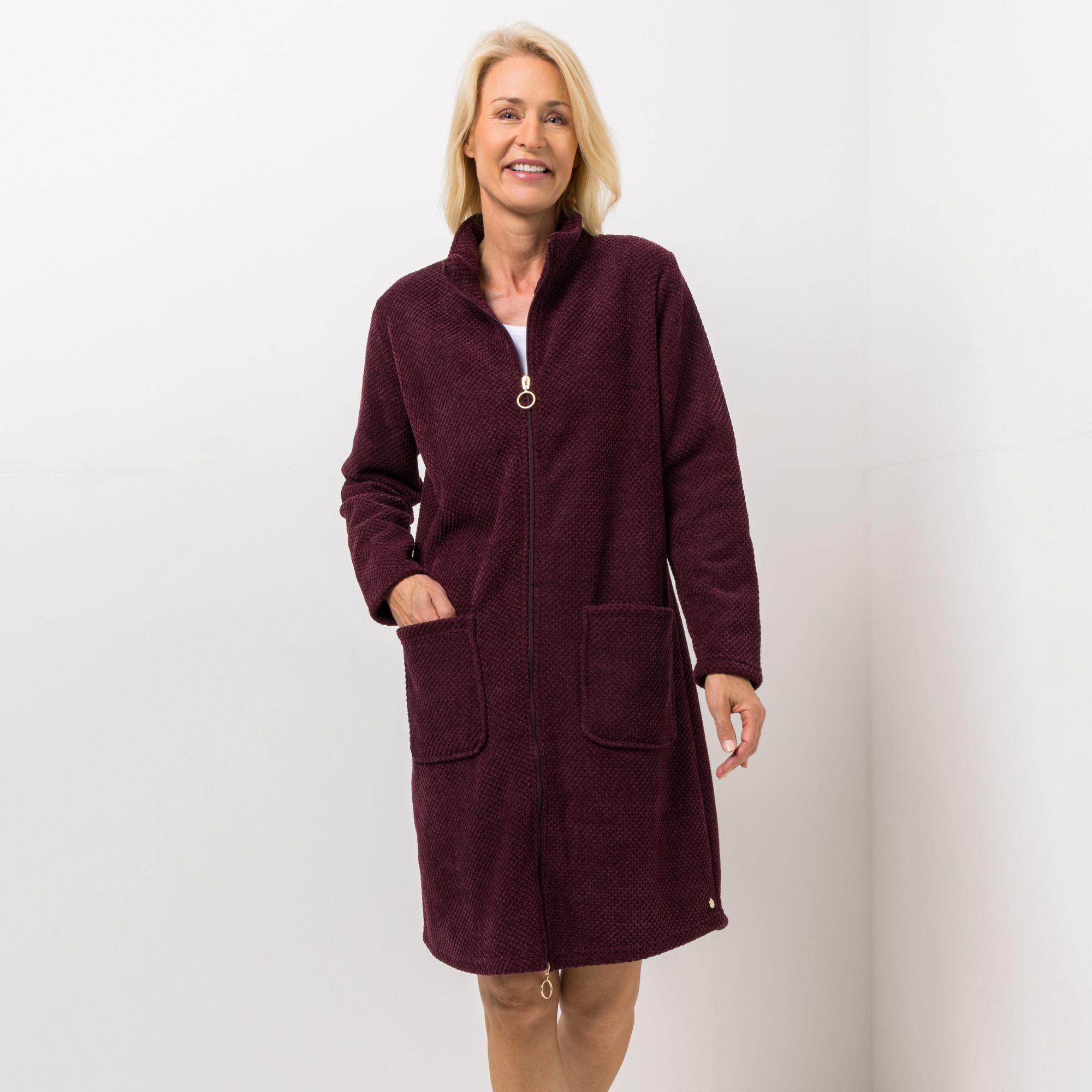 MONT CHALET Damen-Hauskleid Piqué-Struktur Mikrofaser Edelplüsch aufgesetzte Taschen