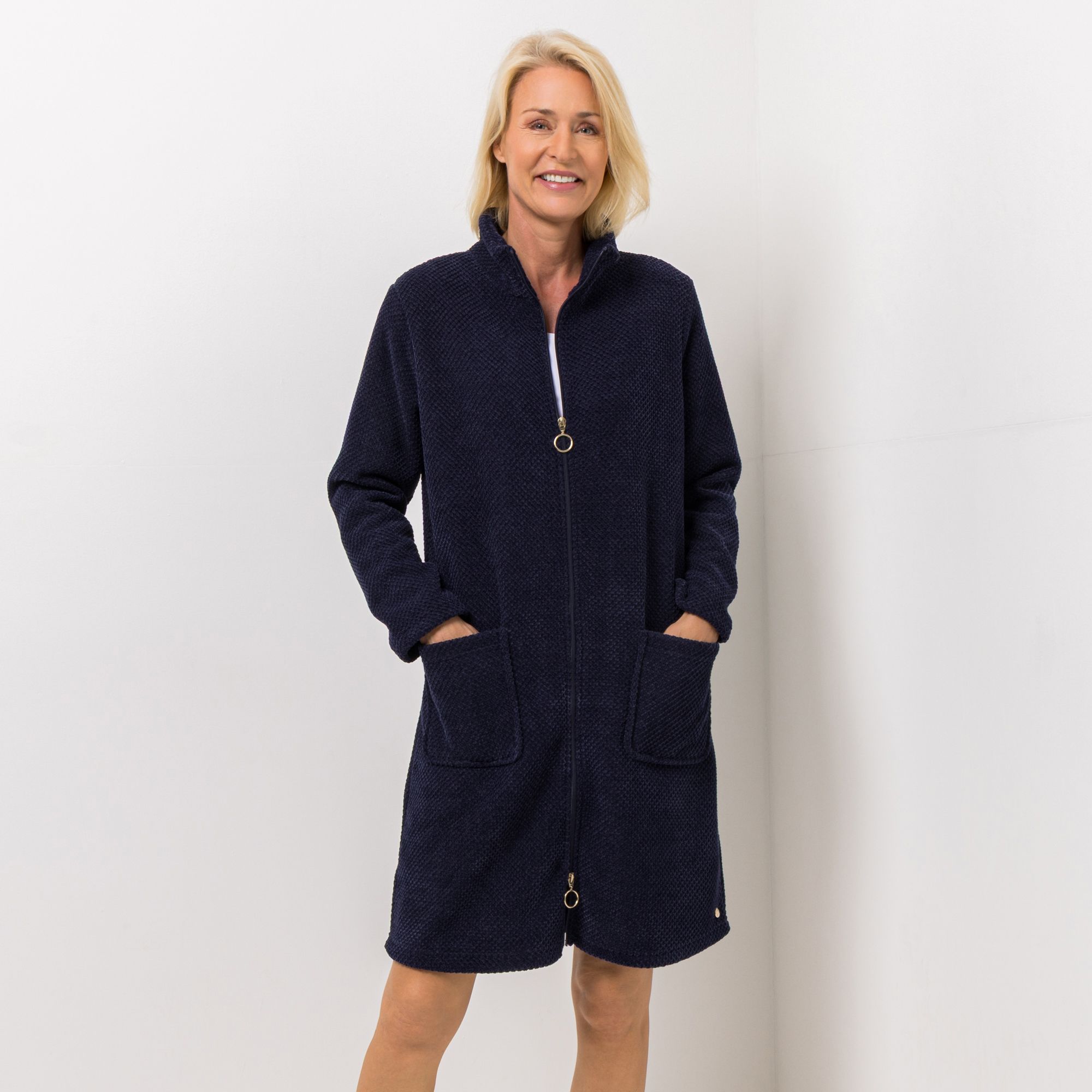 MONT CHALET Damen-Hauskleid Piqué-Struktur Mikrofaser Edelplüsch aufgesetzte Taschen