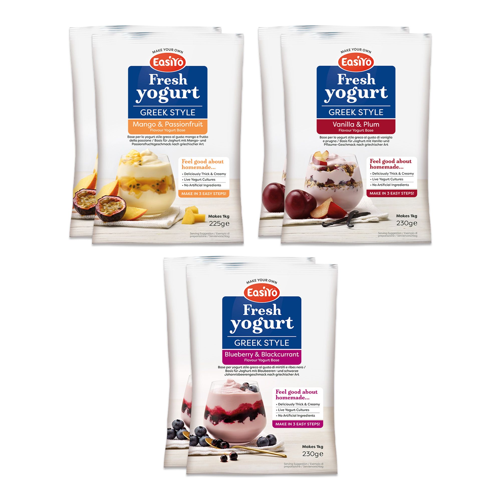 EASIYO Joghurtpulver 6 Beutel für 6kg Joghurt griech. Art 3 verschiedene Sorten