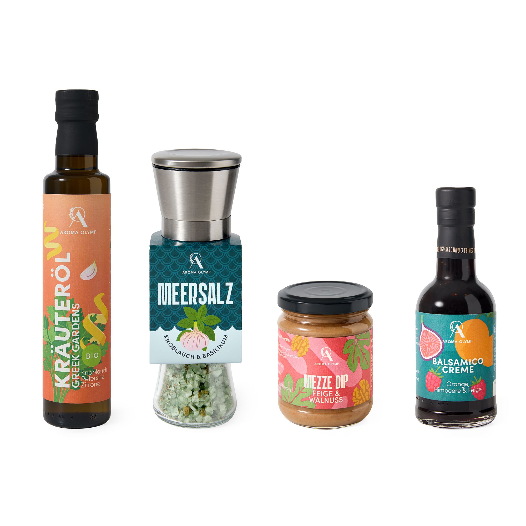 AROMA OLYMP Gourmet Quartett je 1x Balsamico, Bio Kräuteröl, Mezze Dip & Keramik-Salzmühle
