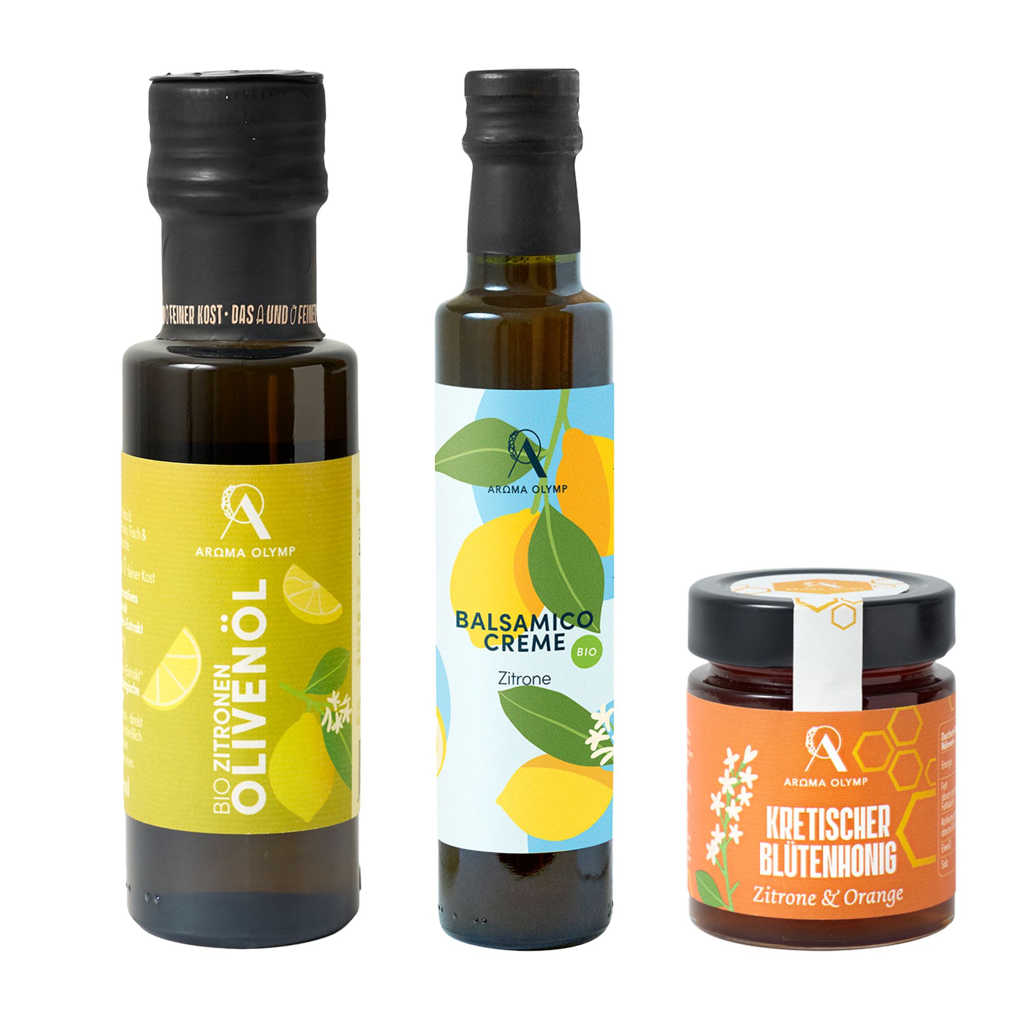 AROMA OLYMP Zitrus Sommer Set Bio Balsamico Creme, Bio Öl + Blütenhonig Inhalt 500ml + 200g