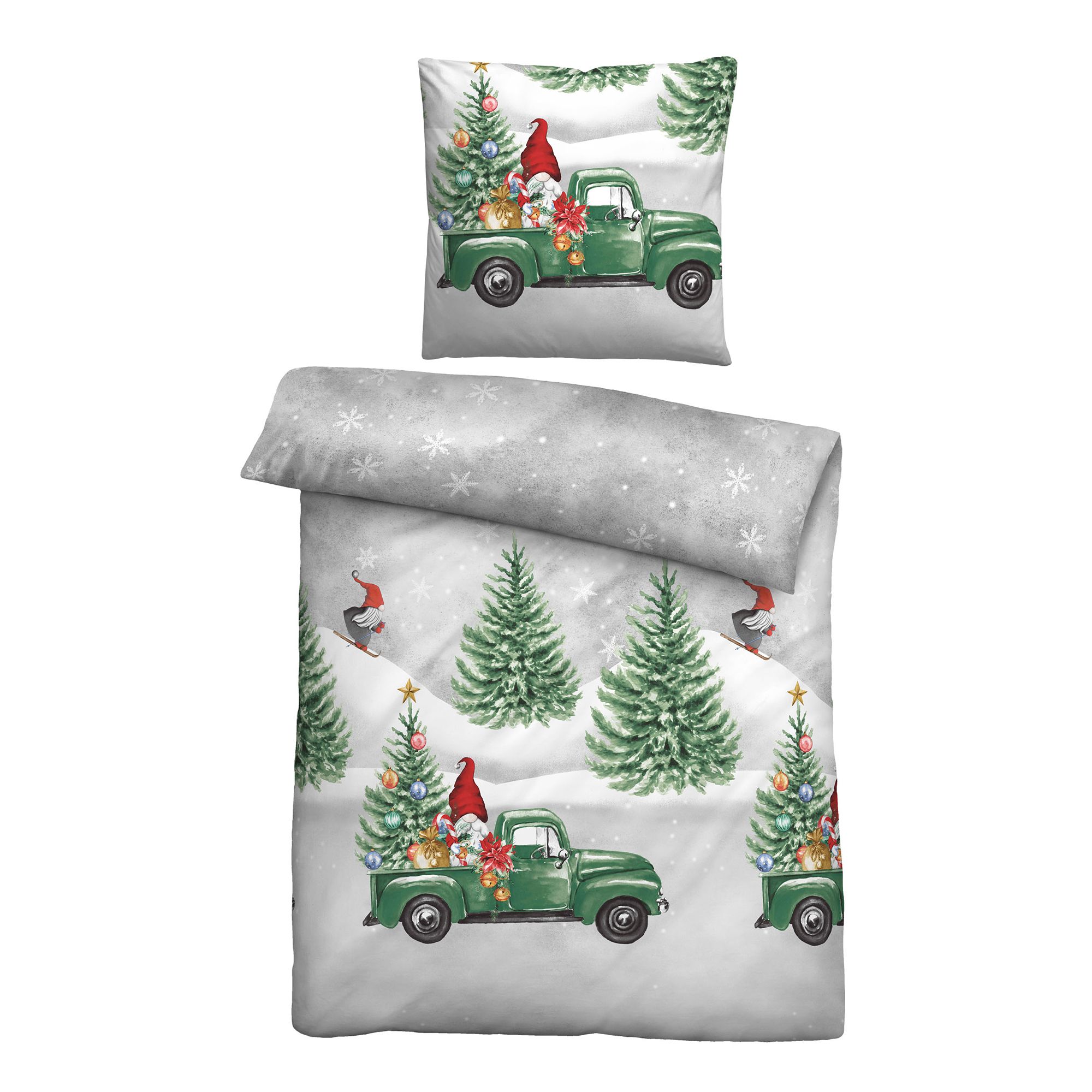 biberna® Bettwäsche Wichtel & Christbaum Baumwoll Feinbiber Einzelbett, 2tlg.