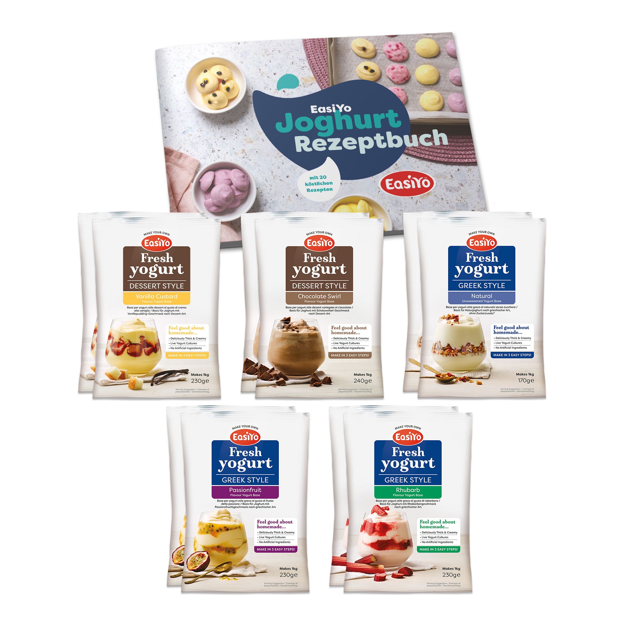 EASIYO Joghurtpulver 10 Beutel für 10kg versch. Sorten inkl. Rezeptbuch