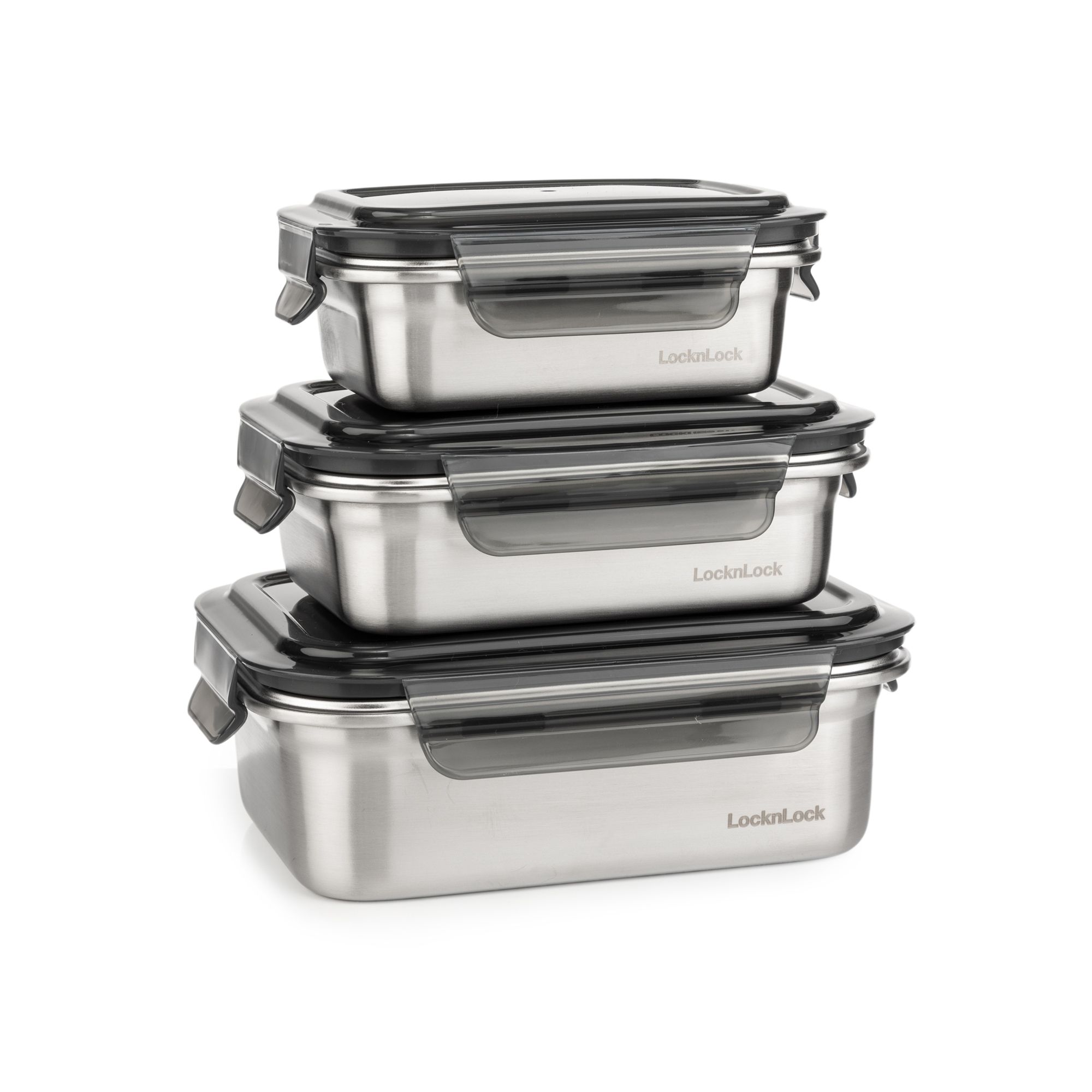 LocknLock 3 Frischhaltedosen Edelstahl 1x400ml, 1x600ml und 1x1,2L Gesamtvolumen 2,2L
