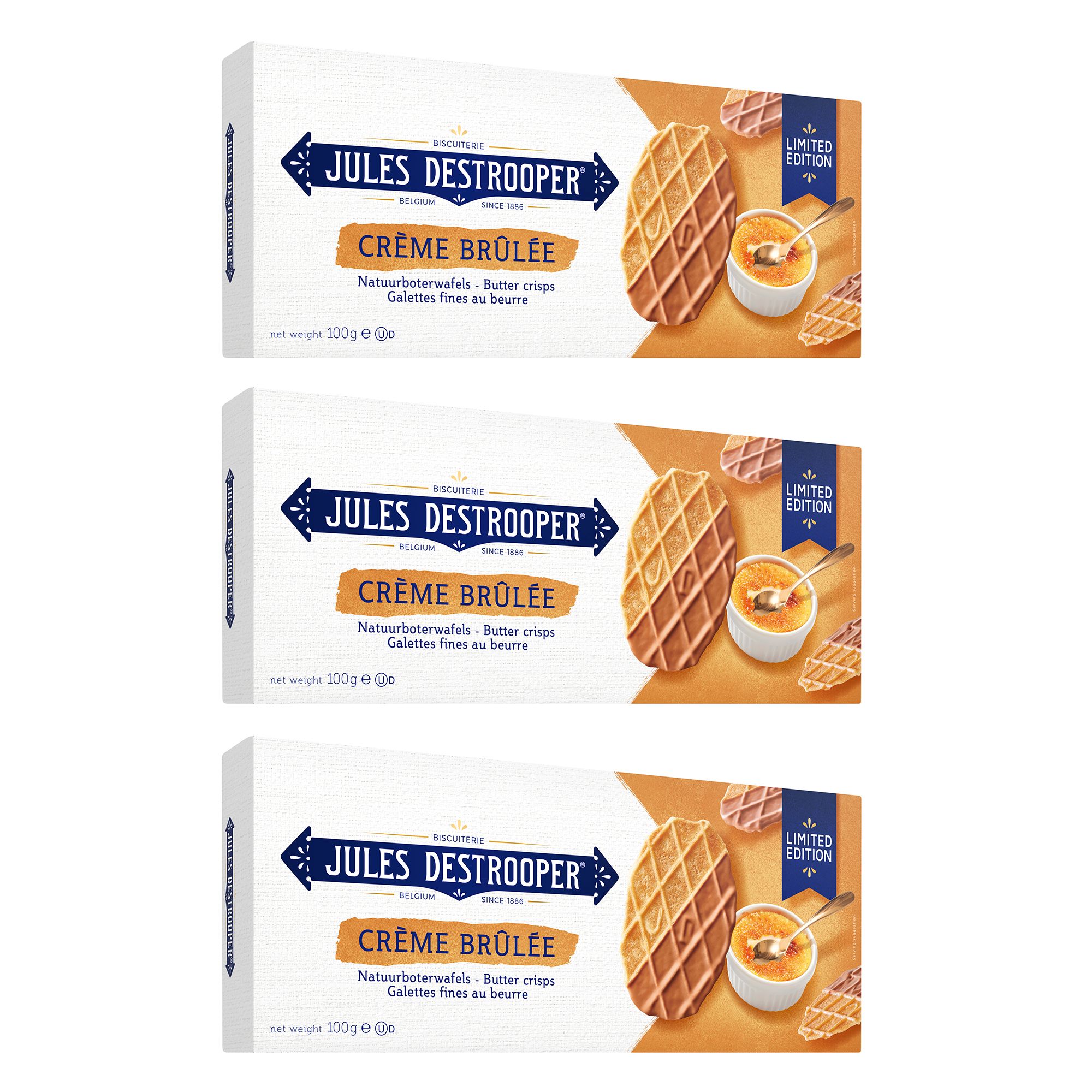 JULES DESTROOPER Butterwaffeln mit Crème Brûlée 3 Packungen Inhalt 300g