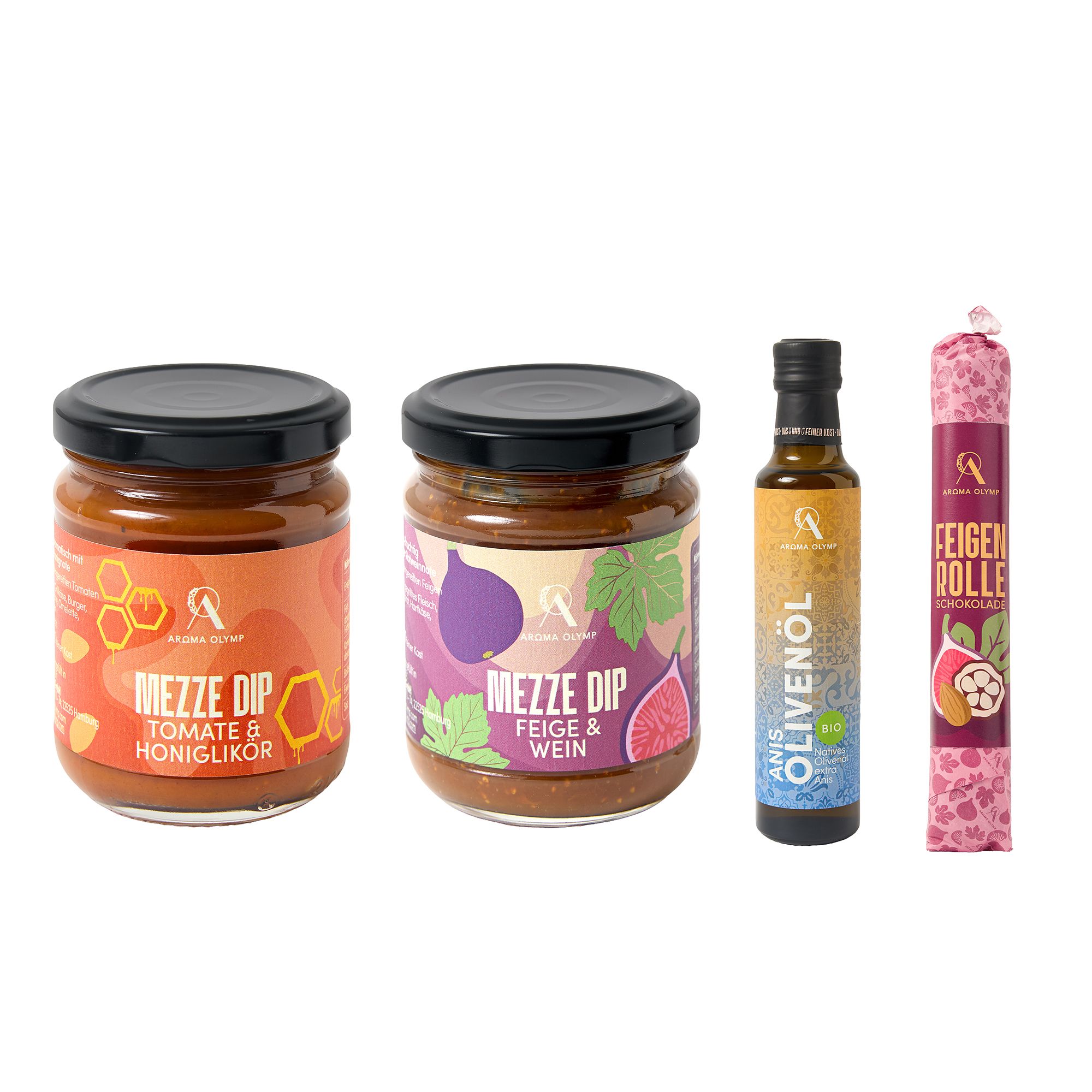 AROMA OLYMP Feinschmecker Mix Set 1x Bio Anis Olivenöl, 1x Feigenrolle, 2x Mezze Dip